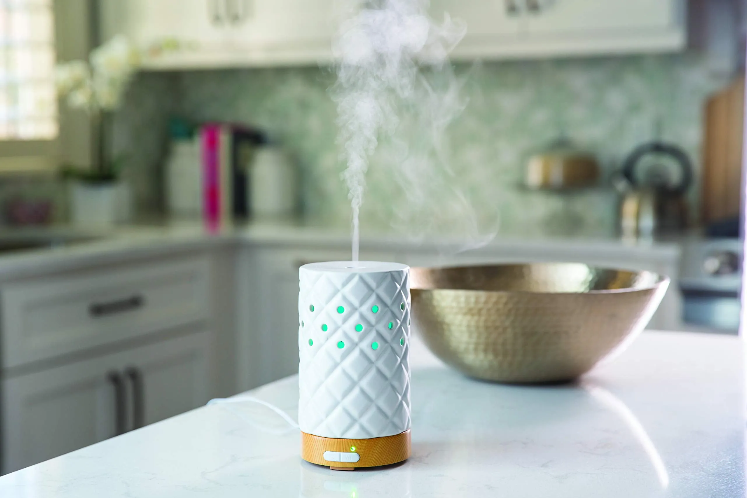 Airomé Matte Diamond Ceramic Essential Oil Diffuser|100 mL Humidifying Ultrasonic Aromatherapy Diffuser 8 Colorful LED Lights, Intermittent & Continual Mist Auto Shut-Off, White
