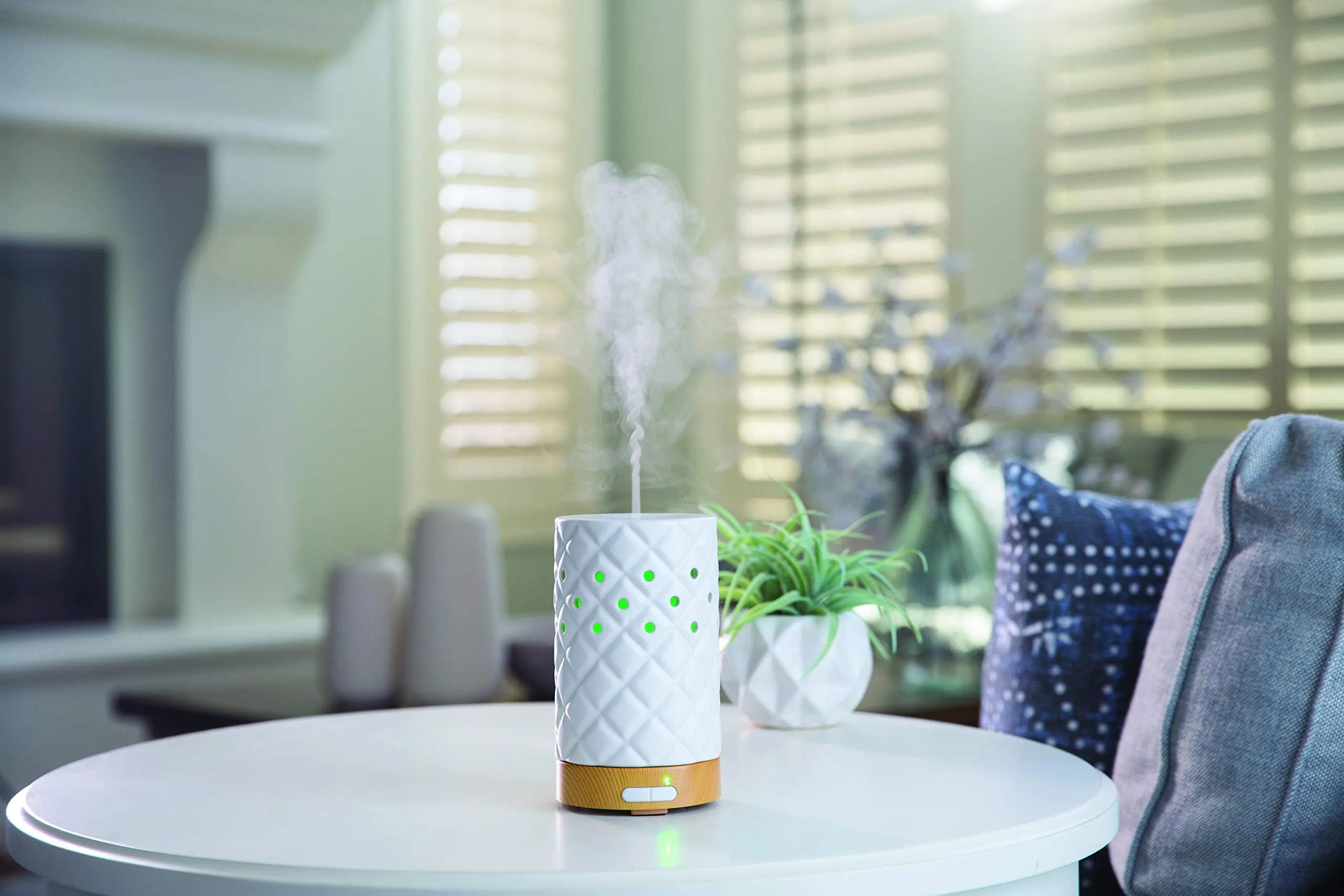 Airomé Matte Diamond Ceramic Essential Oil Diffuser|100 mL Humidifying Ultrasonic Aromatherapy Diffuser 8 Colorful LED Lights, Intermittent & Continual Mist Auto Shut-Off, White