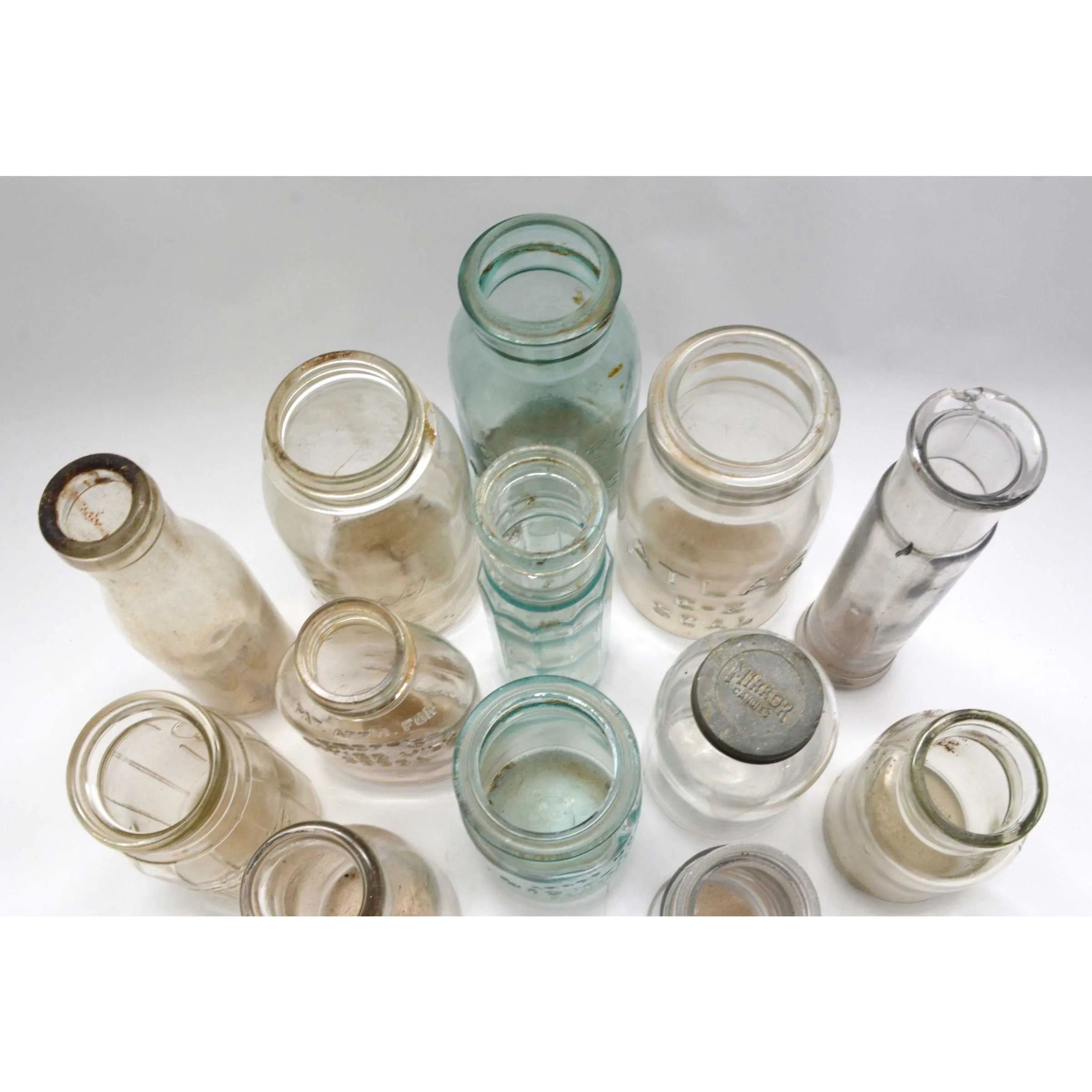 Antique BOTTLE LOT OF 16 CANNING JARS   1 GLASS LID! Milk PICKLE & MORE BOTTLES!
