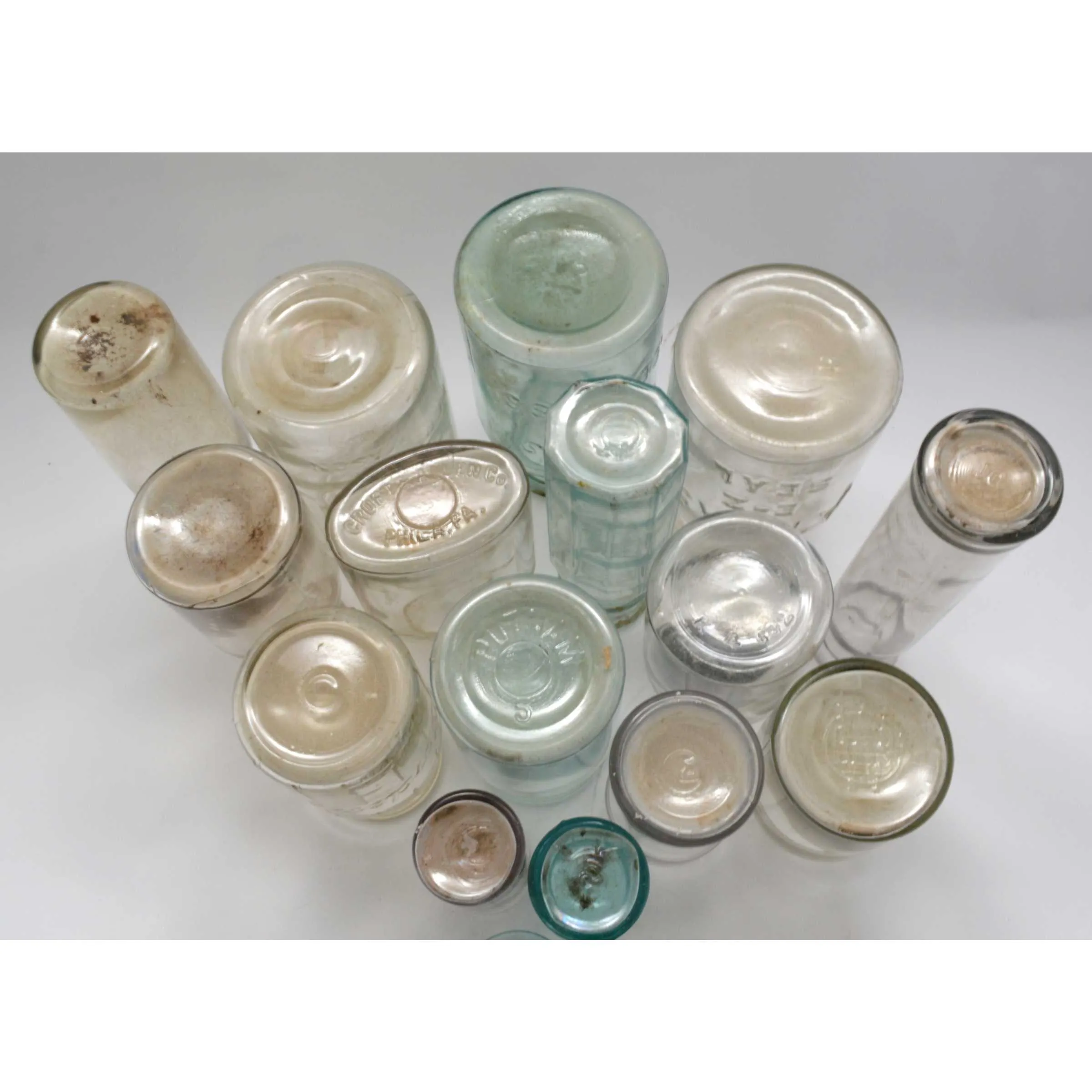Antique BOTTLE LOT OF 16 CANNING JARS   1 GLASS LID! Milk PICKLE & MORE BOTTLES!
