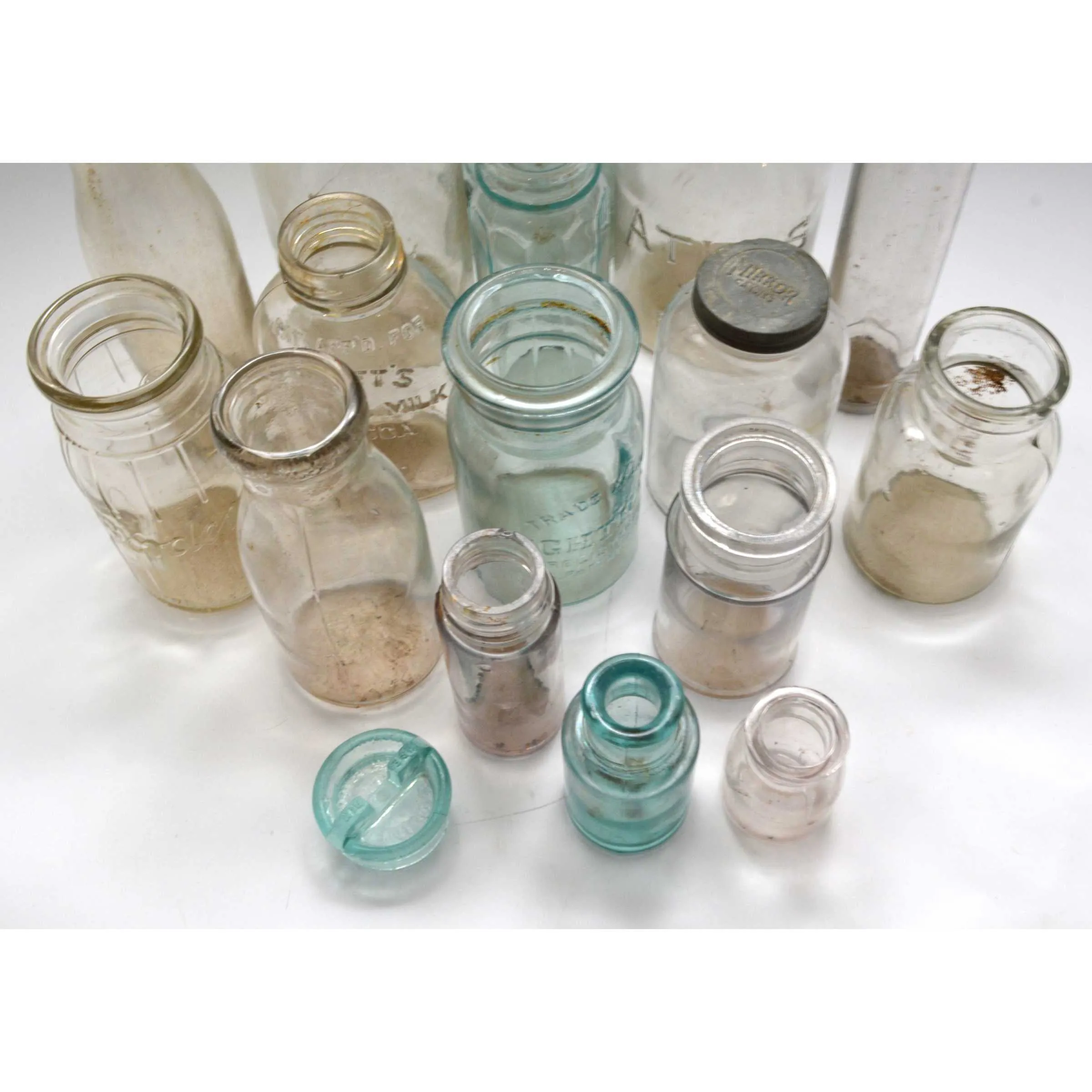Antique BOTTLE LOT OF 16 CANNING JARS   1 GLASS LID! Milk PICKLE & MORE BOTTLES!