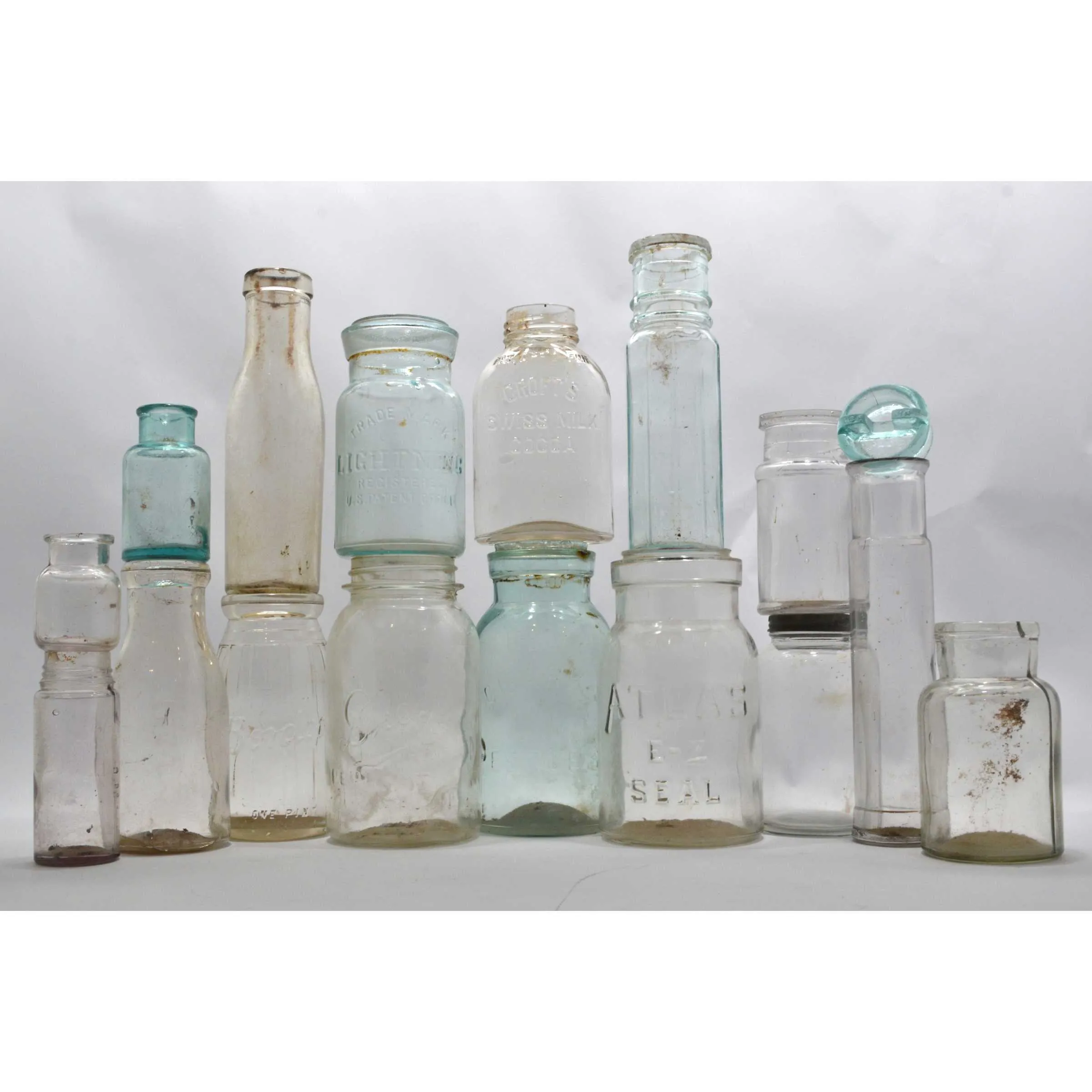 Antique BOTTLE LOT OF 16 CANNING JARS   1 GLASS LID! Milk PICKLE & MORE BOTTLES!