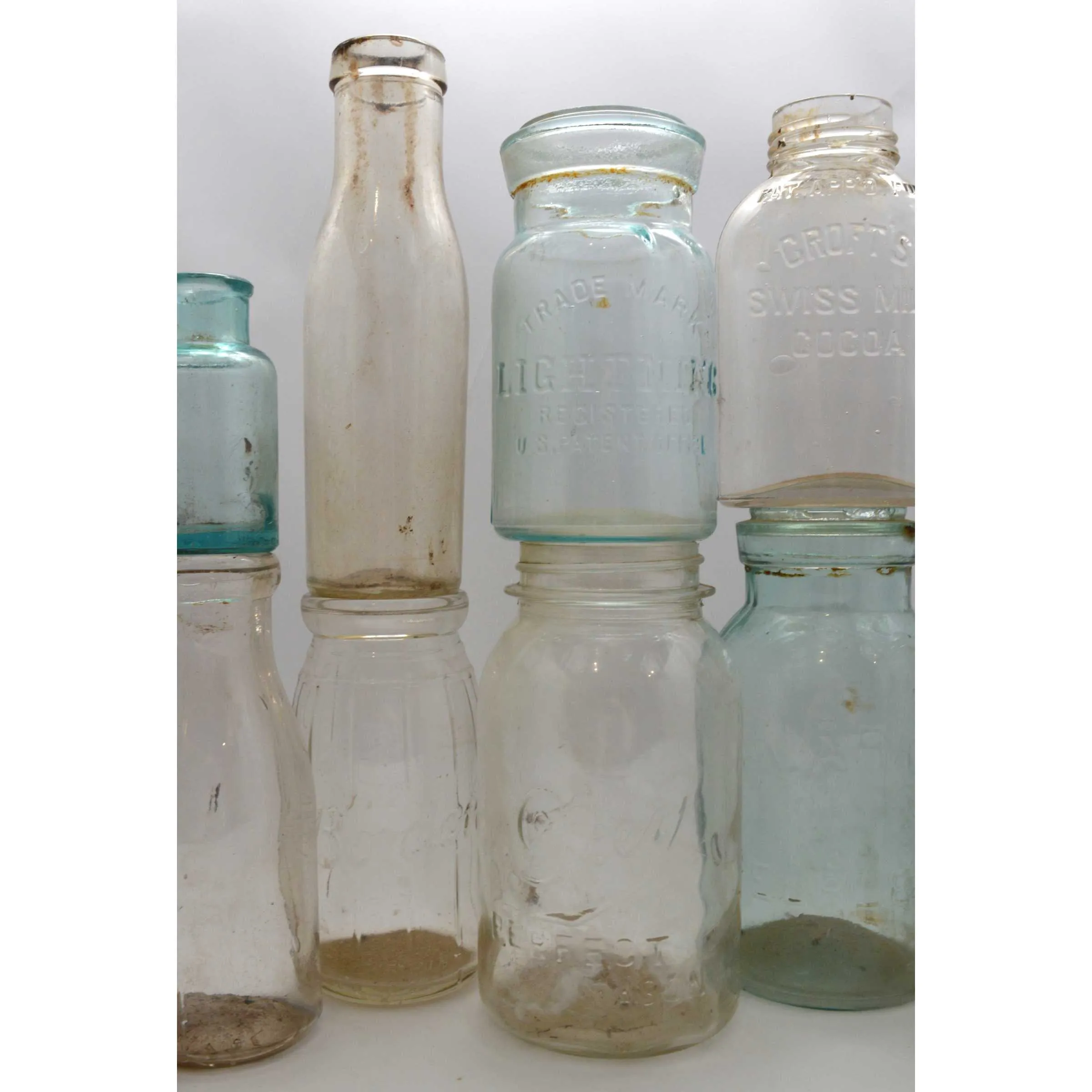 Antique BOTTLE LOT OF 16 CANNING JARS   1 GLASS LID! Milk PICKLE & MORE BOTTLES!