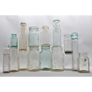 Antique BOTTLE LOT OF 16 CANNING JARS   1 GLASS LID! Milk PICKLE & MORE BOTTLES!