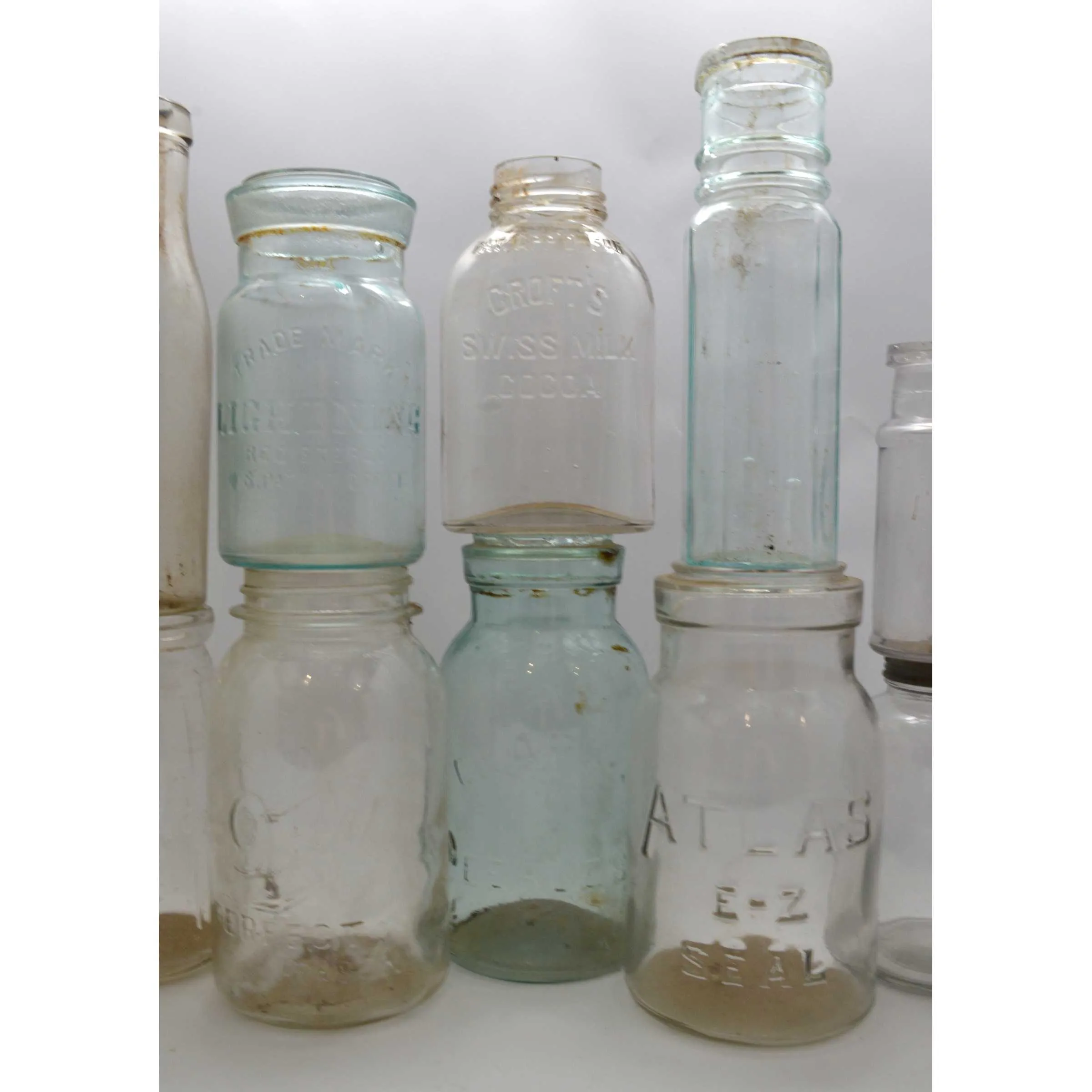 Antique BOTTLE LOT OF 16 CANNING JARS   1 GLASS LID! Milk PICKLE & MORE BOTTLES!