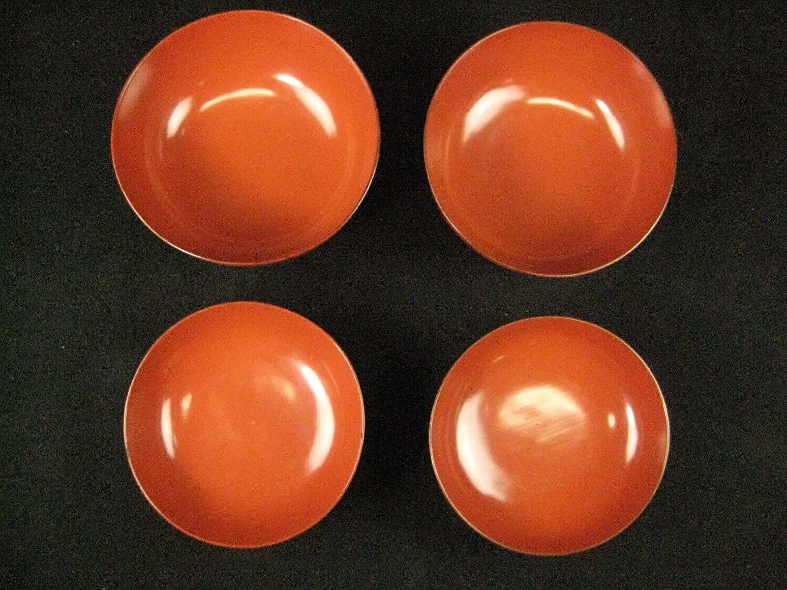 Antique Japanese Meiji Era (C1890) Pair Of Red Lacquer Bowls W/ Gold Flowers
