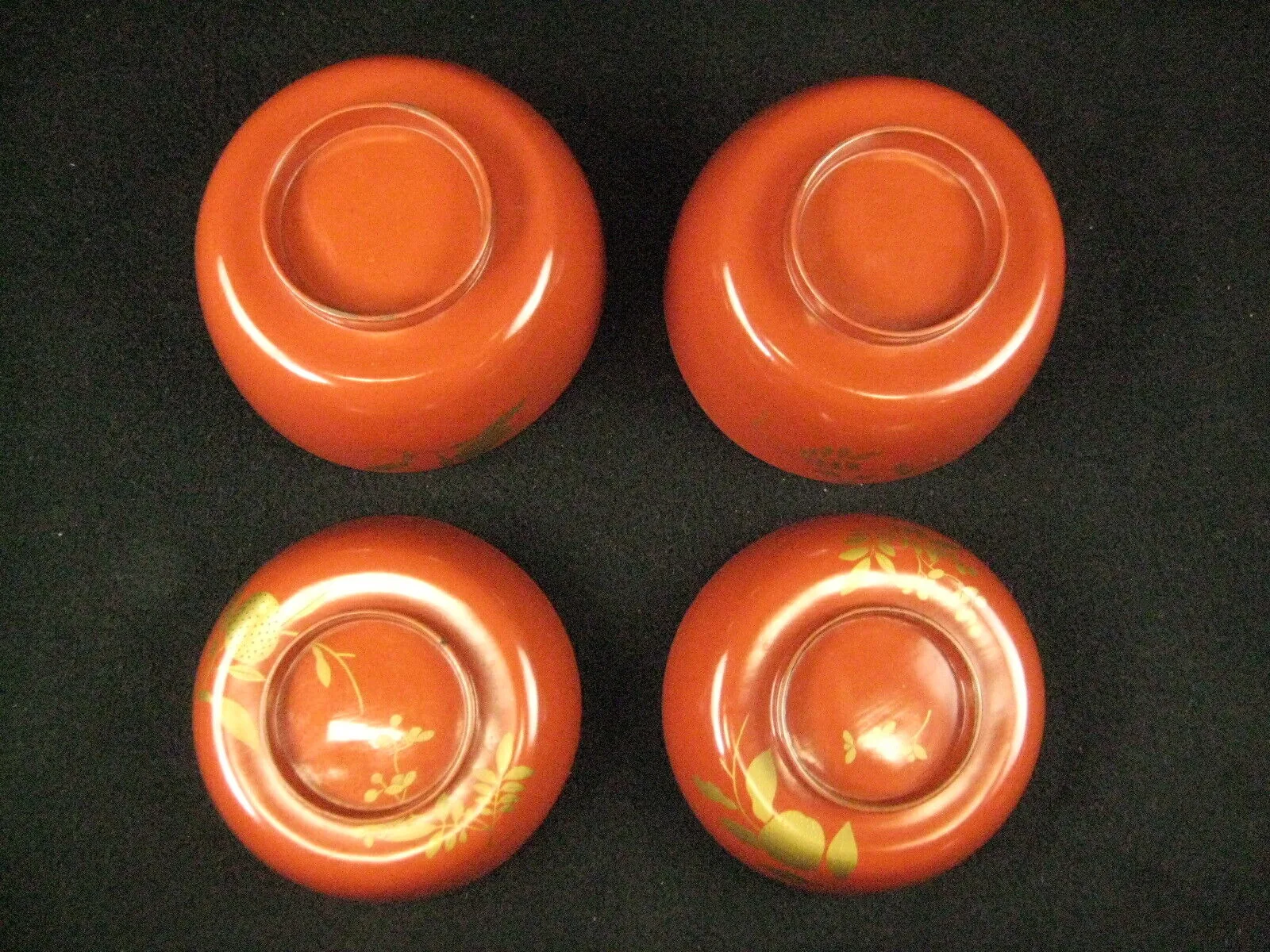 Antique Japanese Meiji Era (C1890) Pair Of Red Lacquer Bowls W/ Gold Flowers