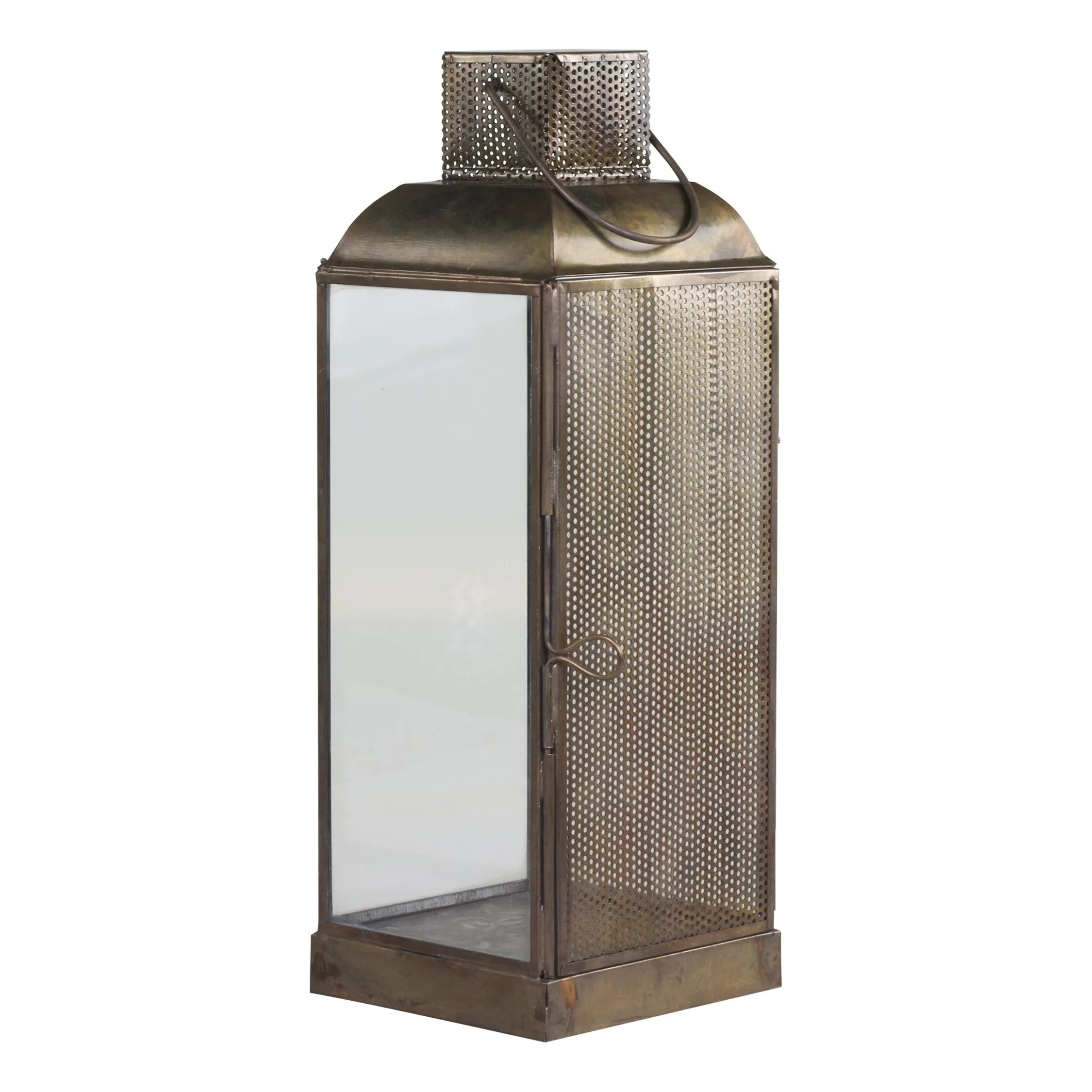 Antiqued Brass Lantern with Perforated Metal Side - Two Sizes