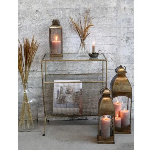 Antiqued Brass Lantern with Perforated Metal Side - Two Sizes