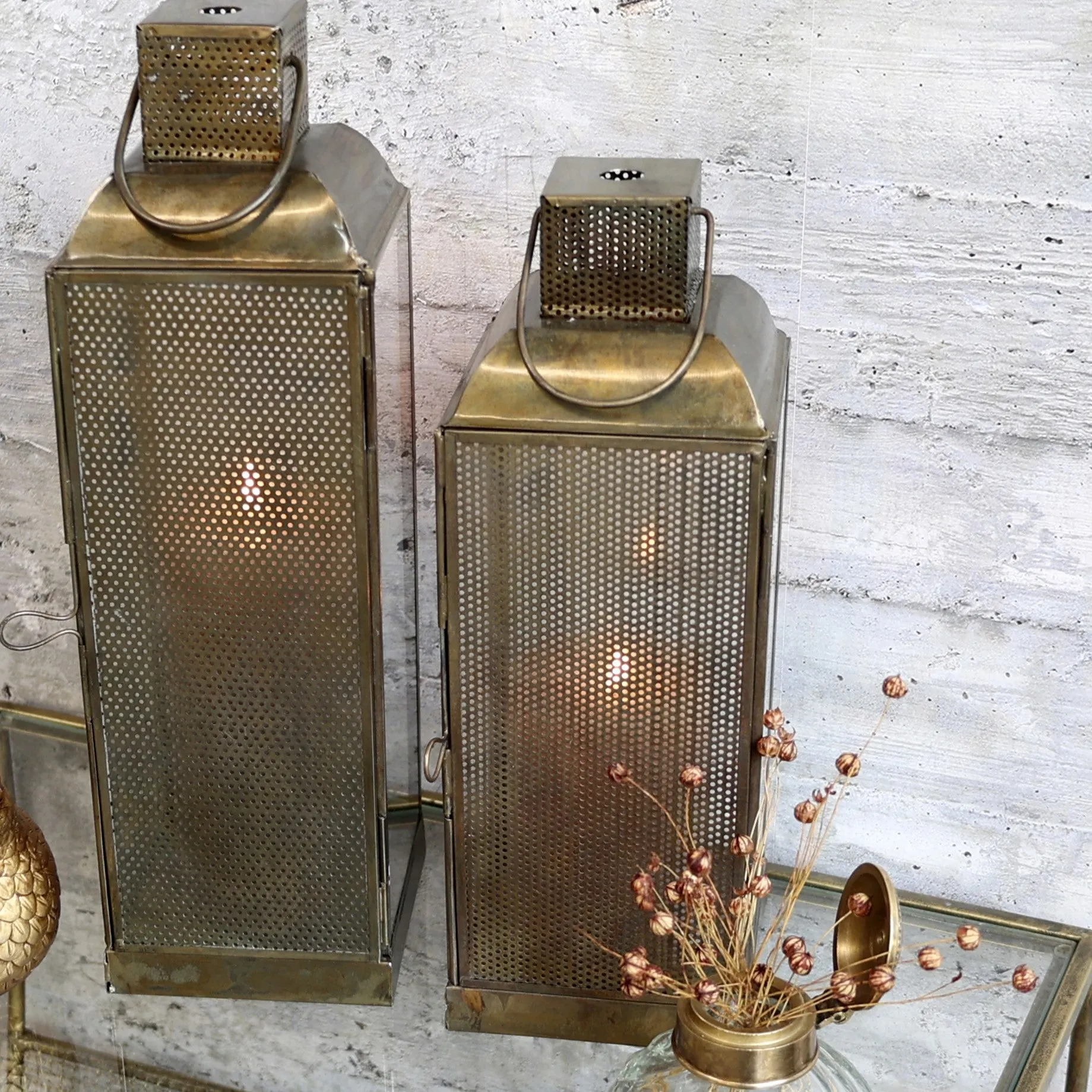 Antiqued Brass Lantern with Perforated Metal Side - Two Sizes