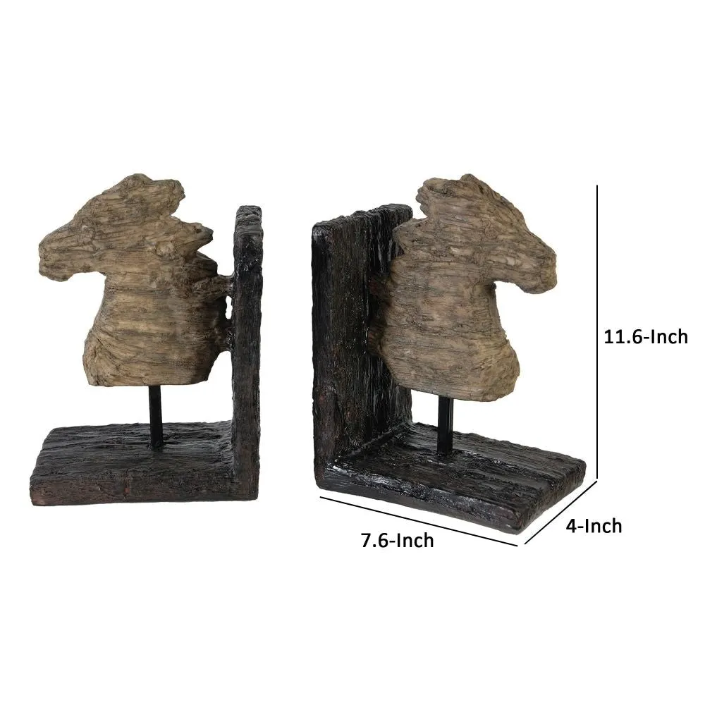 Ari Set of 2 Classic Bookends, Horse Bust, Polyresin, Metal, Brown, Black By Casagear Home