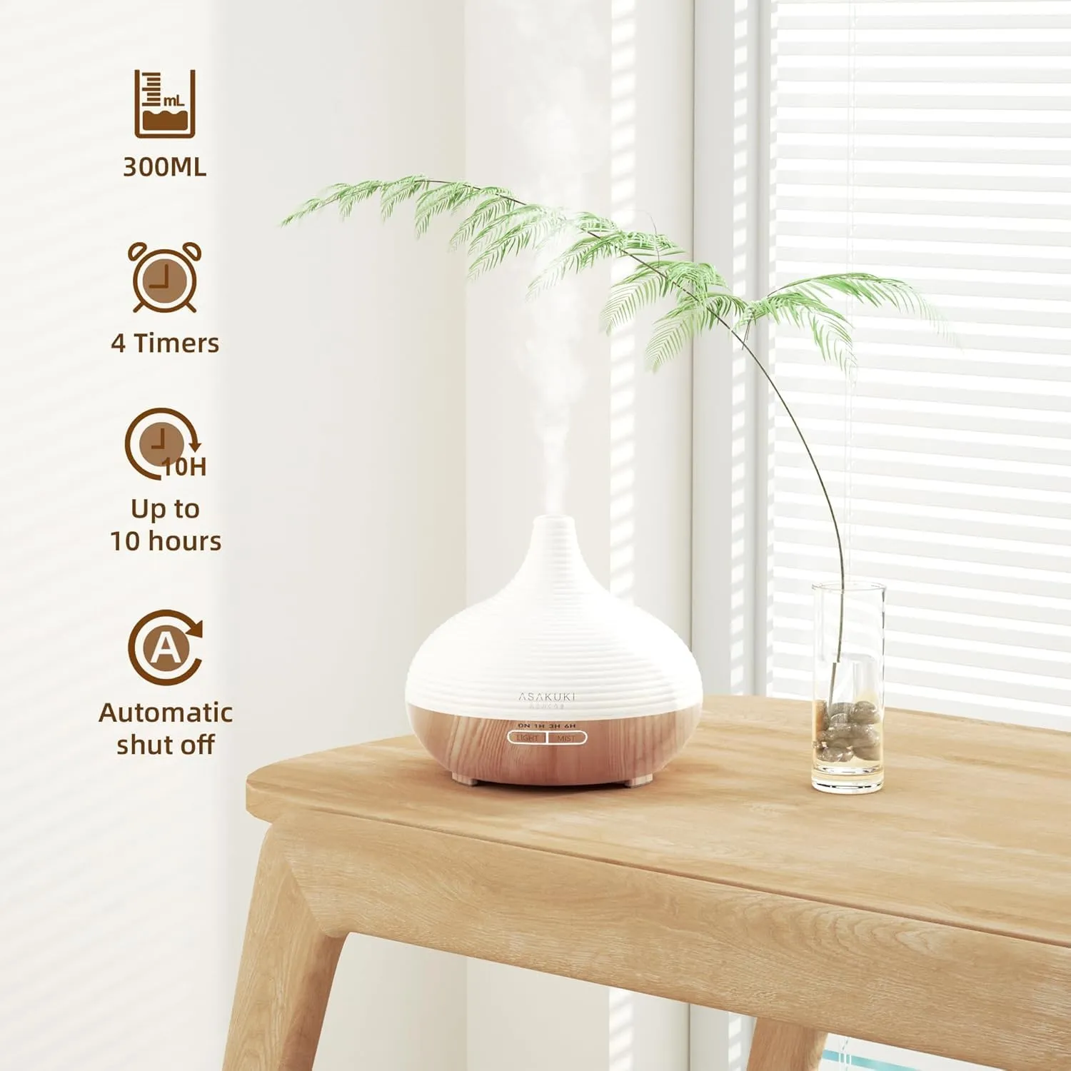 ASAKUKI 300ml Essential Oil Diffuser, Premium 5 in 1 Ultrasonic Aromatherapy Scented Oil Diffuser Vaporizer Humidifier, Timer and Auto-Off, 7 LED Light Colors-Yellow