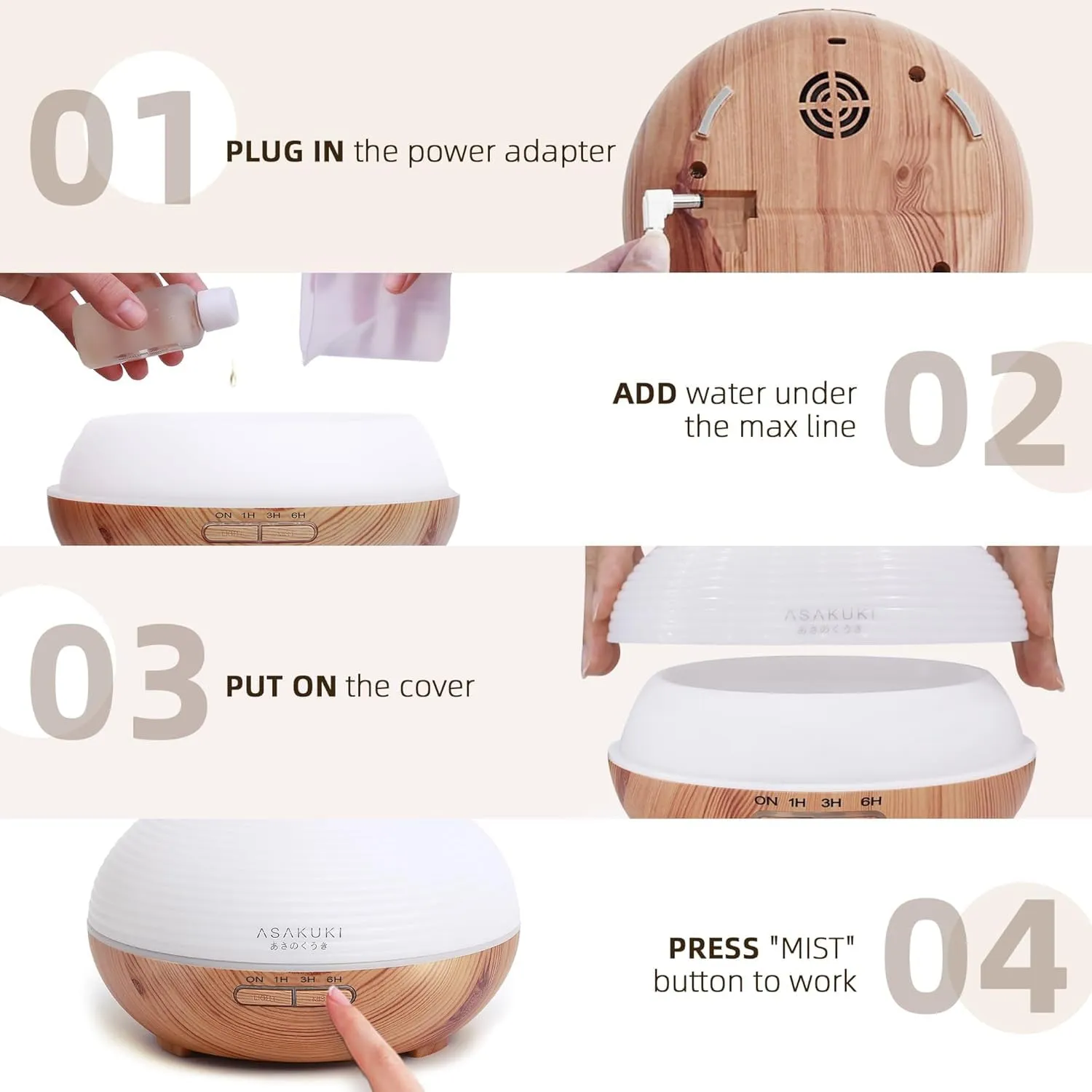 ASAKUKI 300ml Essential Oil Diffuser, Premium 5 in 1 Ultrasonic Aromatherapy Scented Oil Diffuser Vaporizer Humidifier, Timer and Auto-Off, 7 LED Light Colors-Yellow
