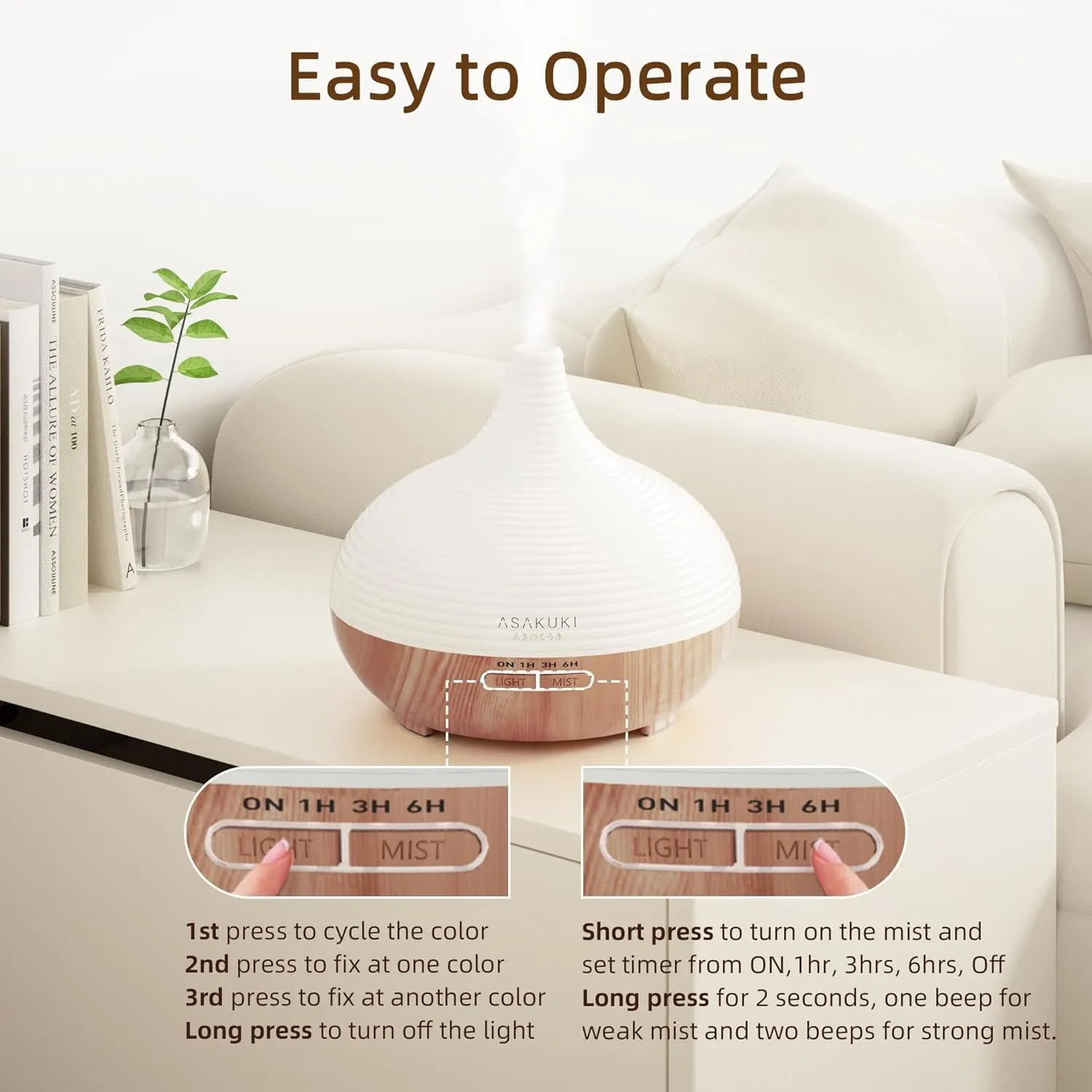 ASAKUKI 300ml Essential Oil Diffuser, Premium 5 in 1 Ultrasonic Aromatherapy Scented Oil Diffuser Vaporizer Humidifier, Timer and Auto-Off, 7 LED Light Colors-Yellow