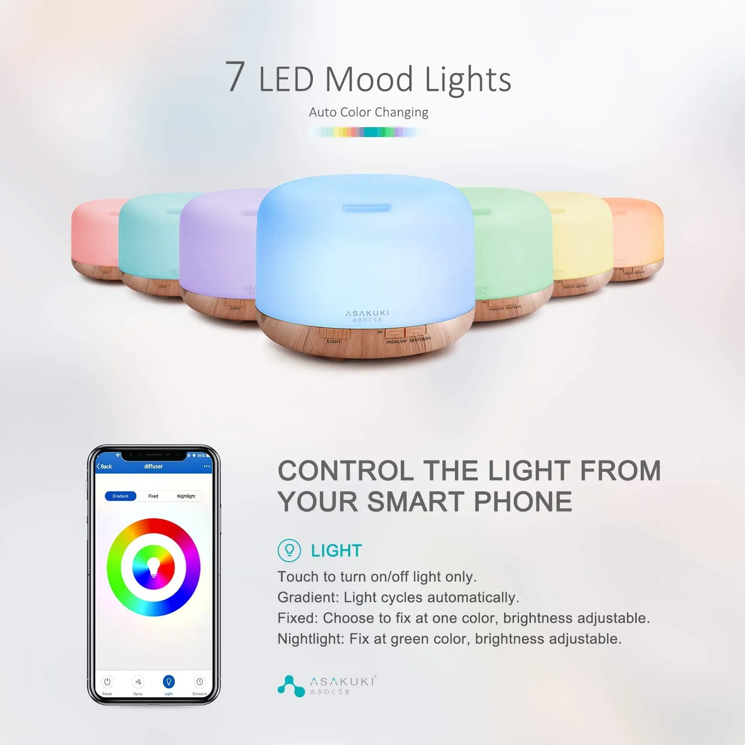 ASAKUKI Wi-Fi Smart Essential Oil Diffuser Echo Alexa Control, 500ml 5 In 1 Ultrasonic Aromatherapy Fragrant Oil Vaporizer Humidifier, Timer and Auto-Off Safety Switch, 7 LED Light Colors
