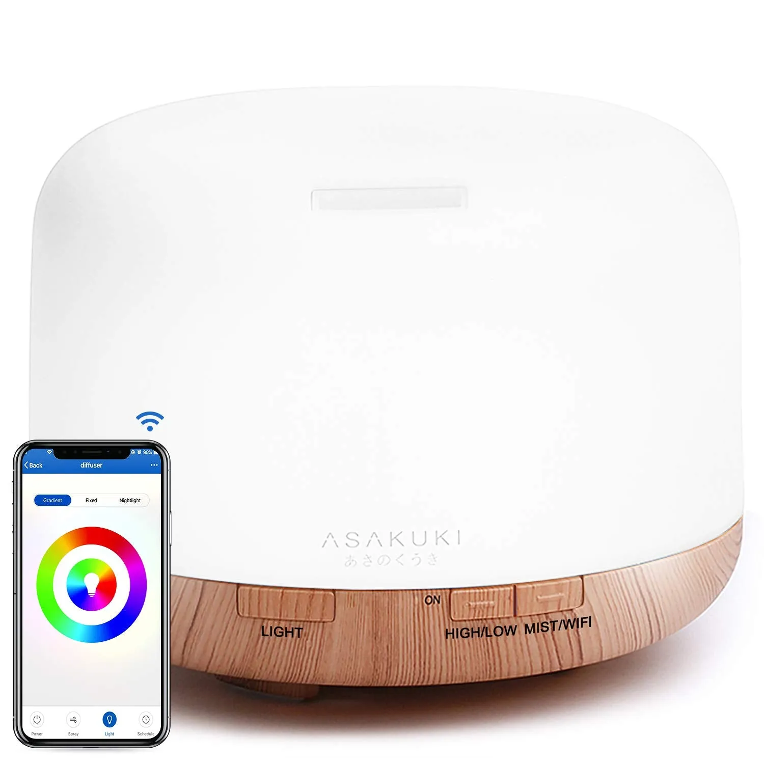 ASAKUKI Wi-Fi Smart Essential Oil Diffuser Echo Alexa Control, 500ml 5 In 1 Ultrasonic Aromatherapy Fragrant Oil Vaporizer Humidifier, Timer and Auto-Off Safety Switch, 7 LED Light Colors