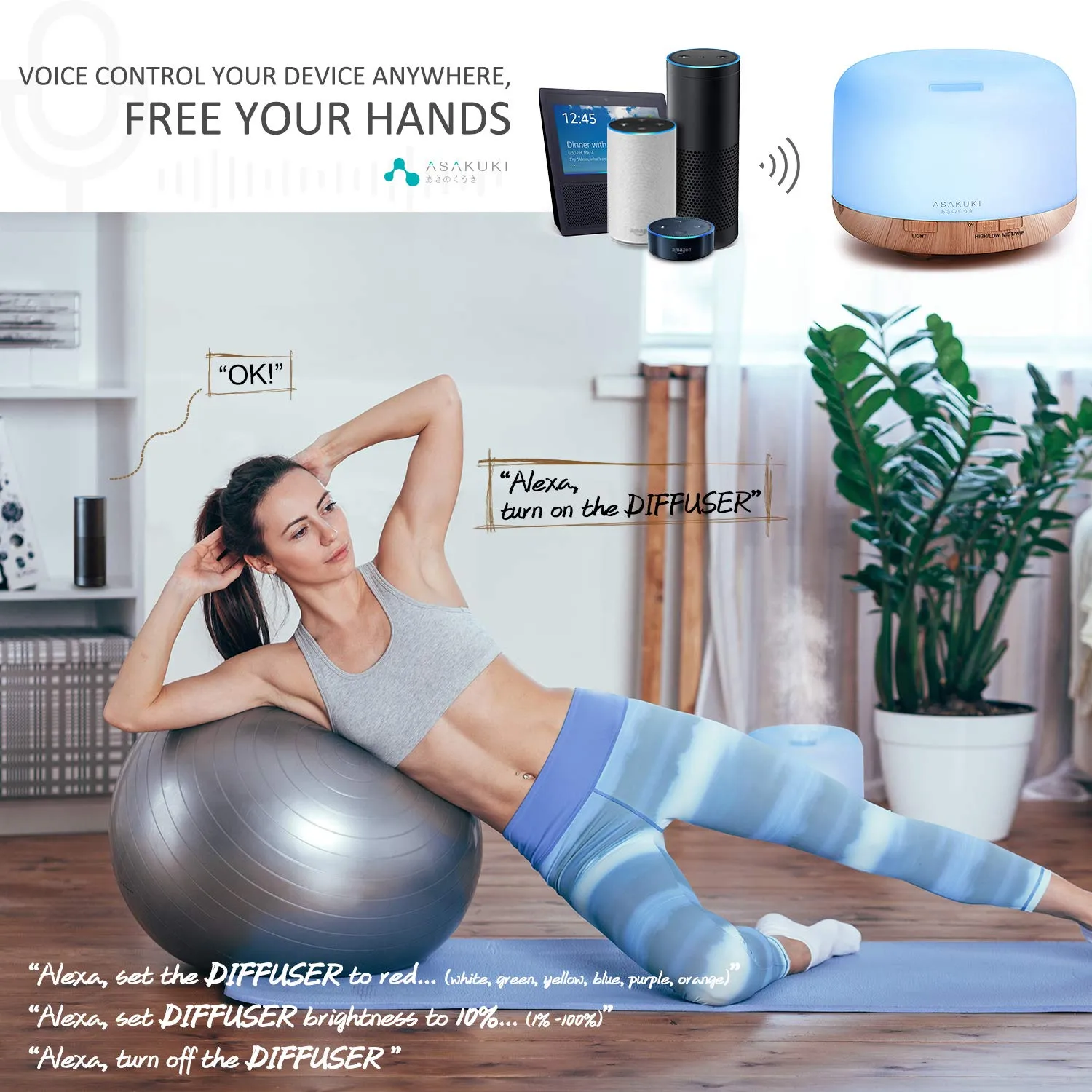 ASAKUKI Wi-Fi Smart Essential Oil Diffuser Echo Alexa Control, 500ml 5 In 1 Ultrasonic Aromatherapy Fragrant Oil Vaporizer Humidifier, Timer and Auto-Off Safety Switch, 7 LED Light Colors