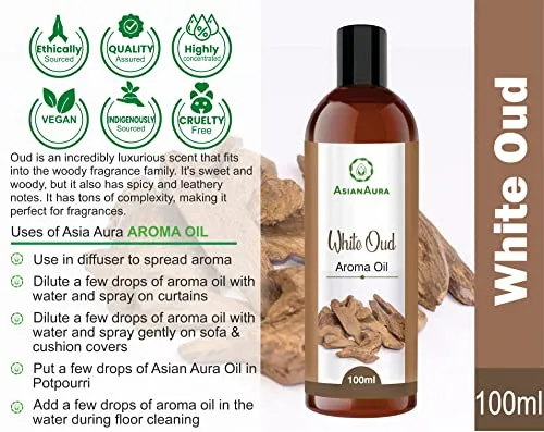Asian Aura Diffuser Aroma Oil for Home Fragrance, Reed Diffuser Refill Fragrance Oil, Aroma Burner/Candle, Electric Diffuser Aroma Oil- White Oud Aroma Oil 100ml