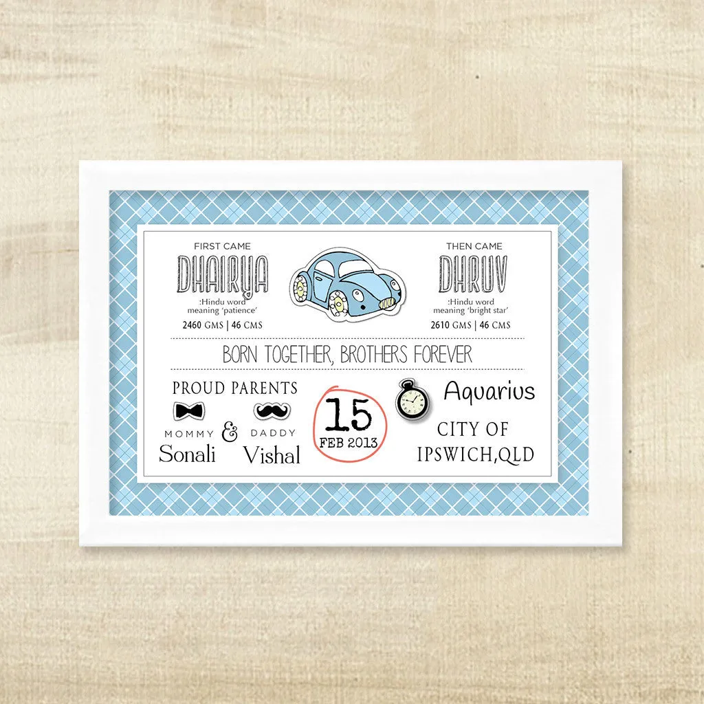 Birth Memory Frame for Twin Boys <br> Retro