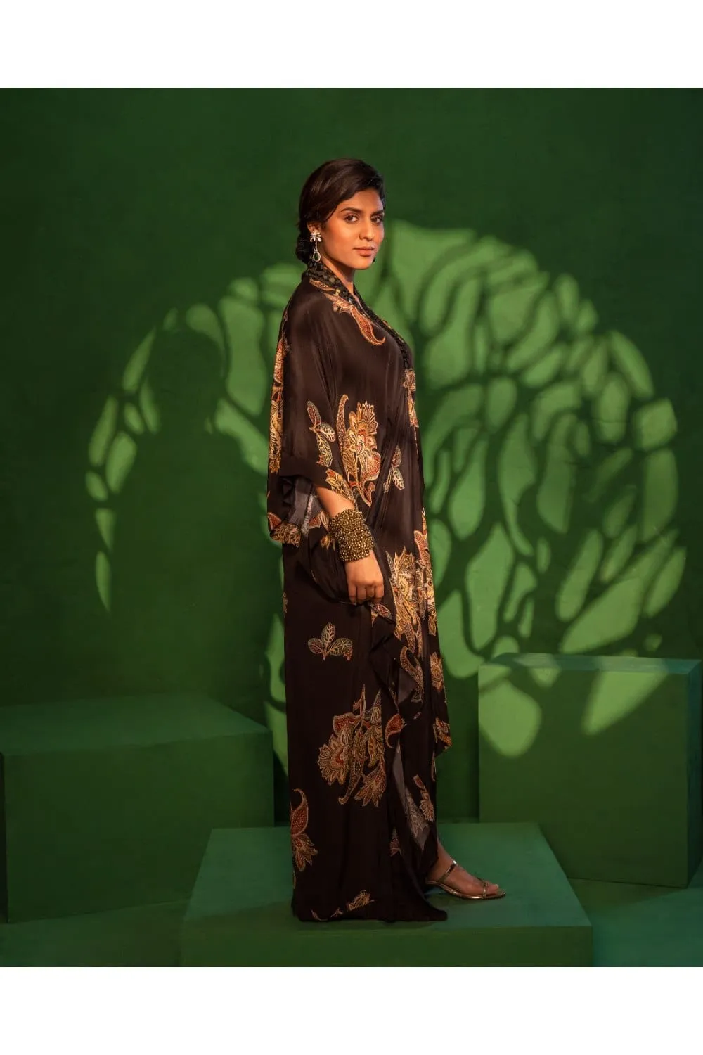 Black Printed Kaftan with Mirror Work
