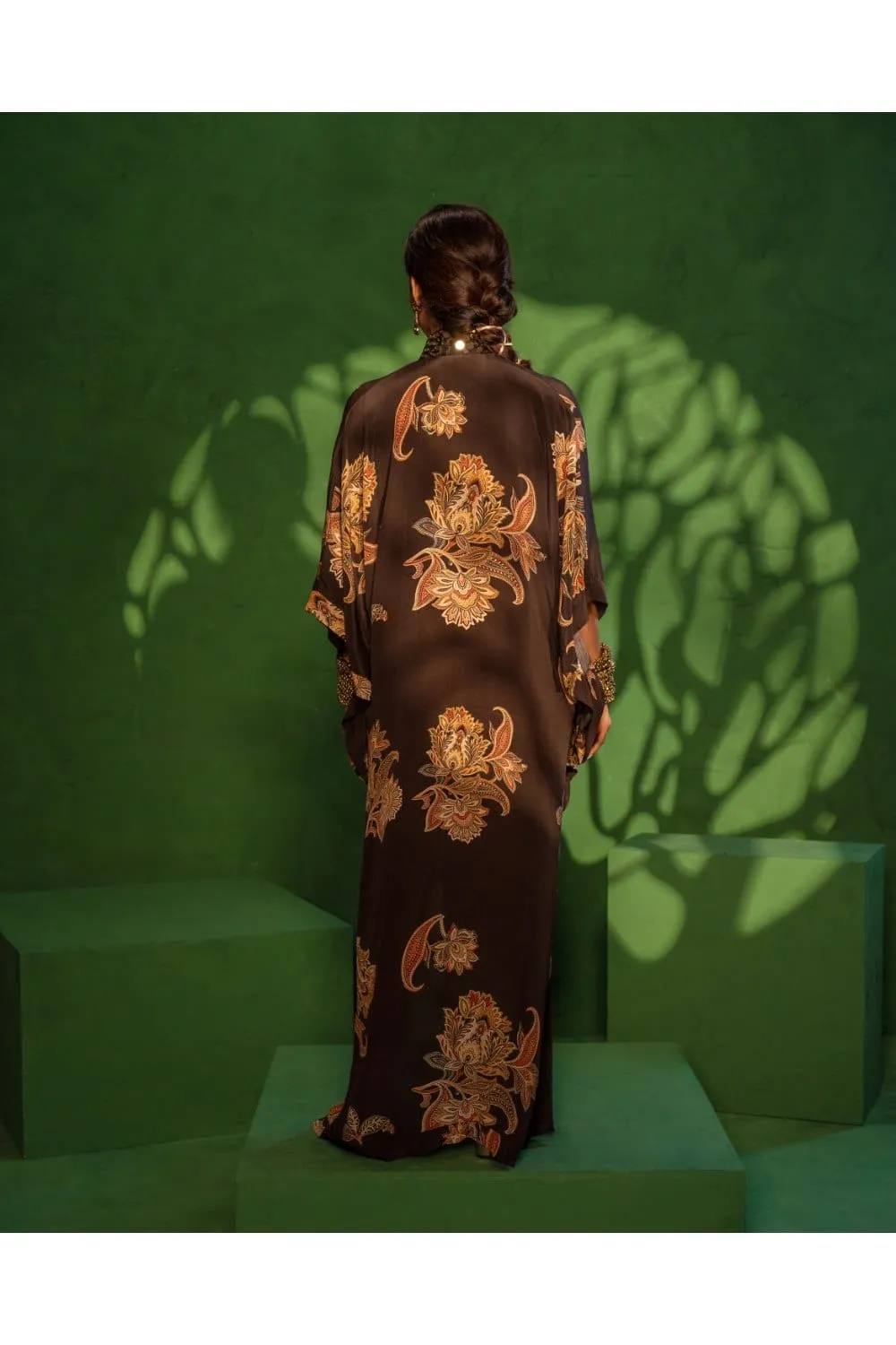 Black Printed Kaftan with Mirror Work