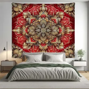 Bohemian Red Gold ABS Floral Mandala Tapestry Psychedelic Wall Hanging Boho Decor