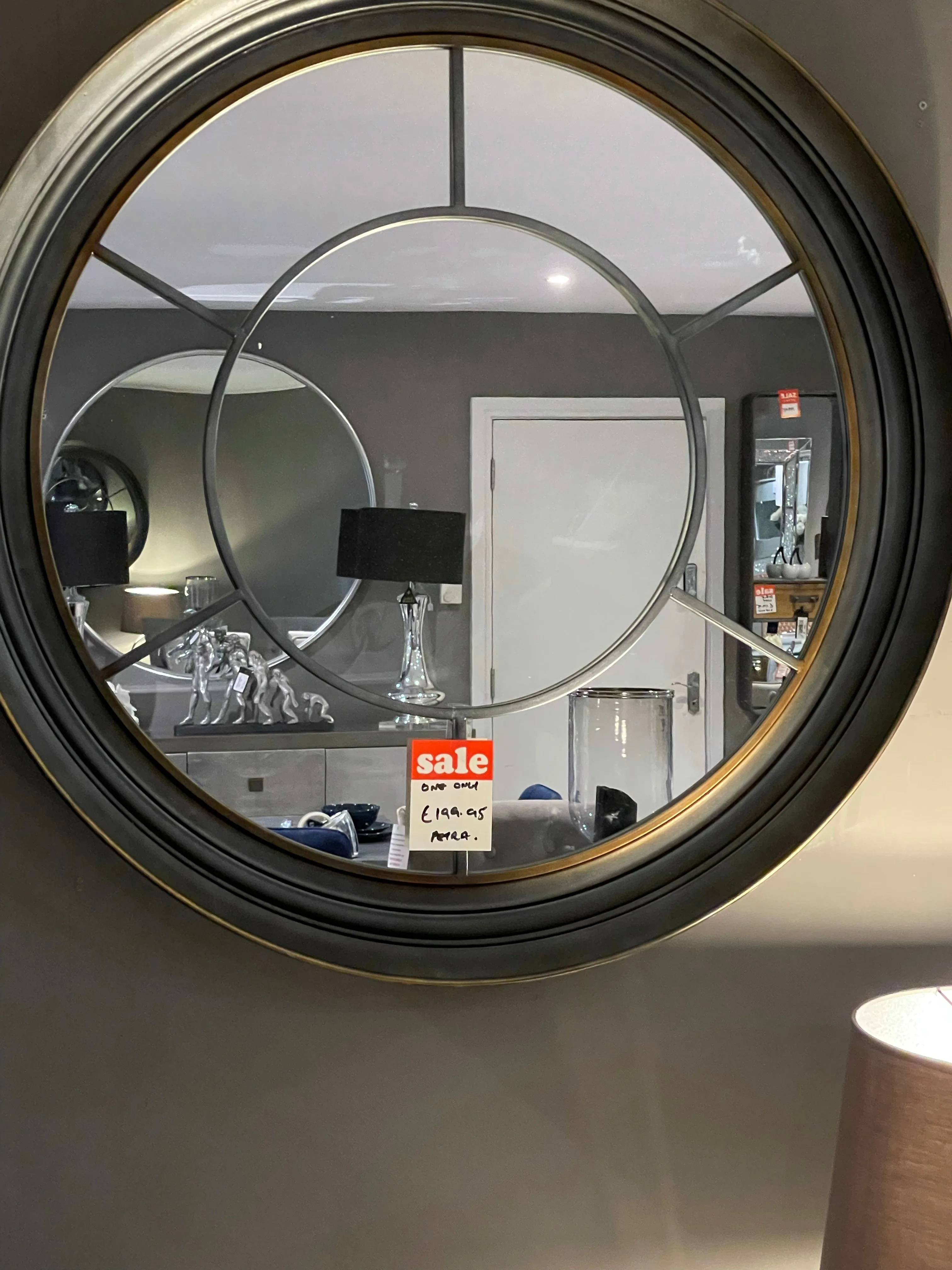 Burnished silver foil round window mirror 93 cm