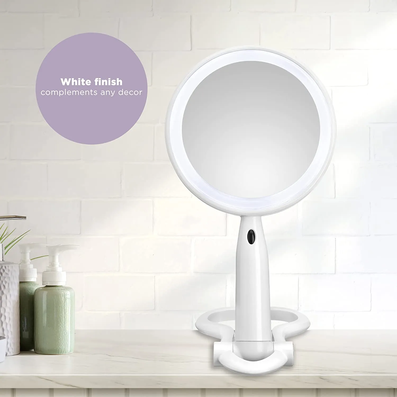 Conair Plastic Double-Sided Lighted Makeup Mirror - Lighted Vanity Makeup Mirror with LED Lights; 1x/3x magnification; White; compact - great for travel - BE52LED-2P