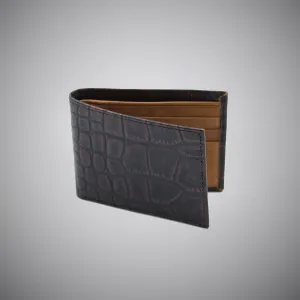 Dark Brandy Wine Crocodile Skin Embossed Calf Leather Wallet With Tan Suede Interior