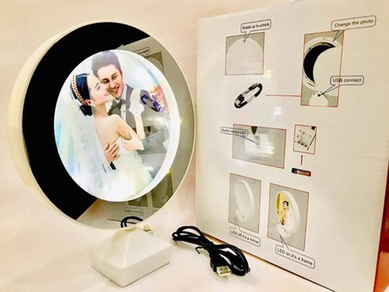 Dubals Magic Glass Mirror Photo Frame with LED Light Round & USB Cable & Customized Personal