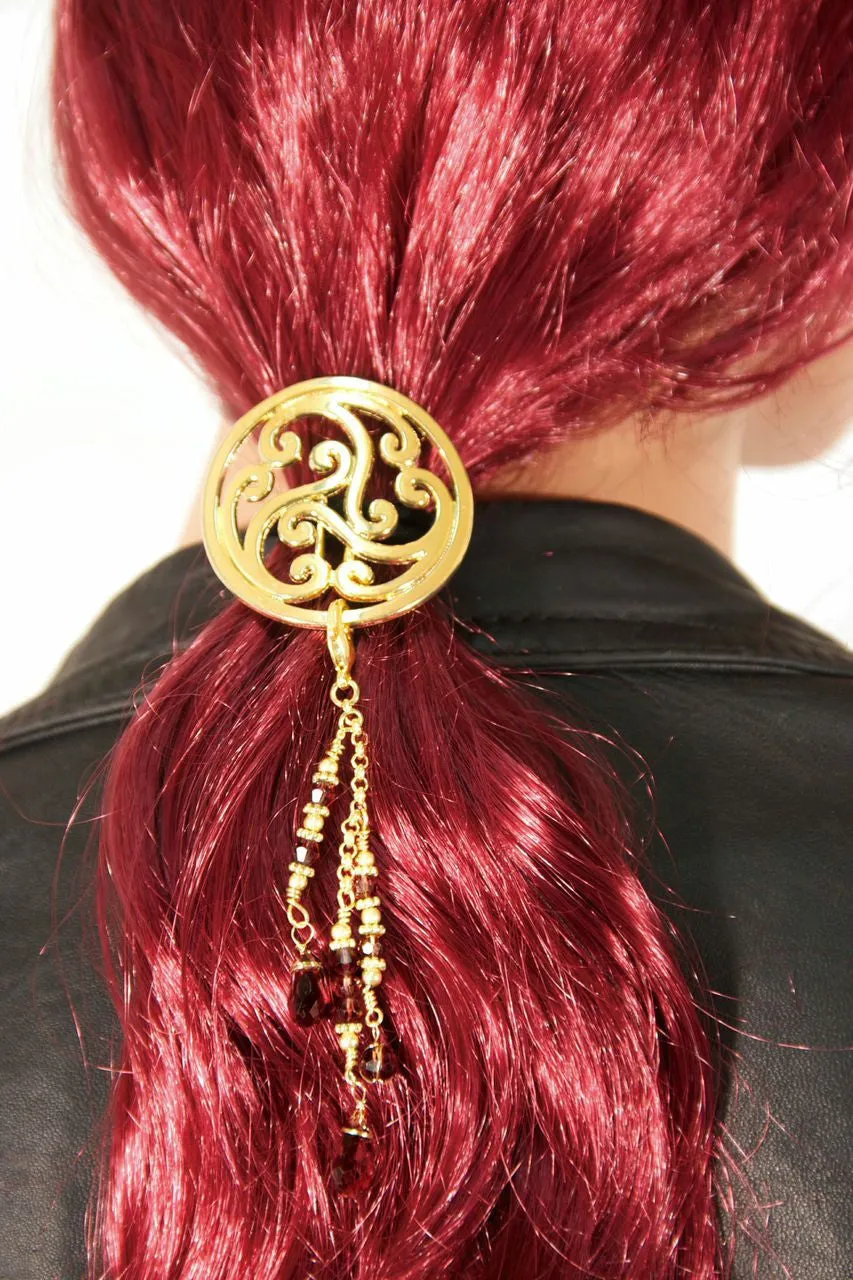 Hair Hook Gold Celtic with Bead Charm Ponytail Holder