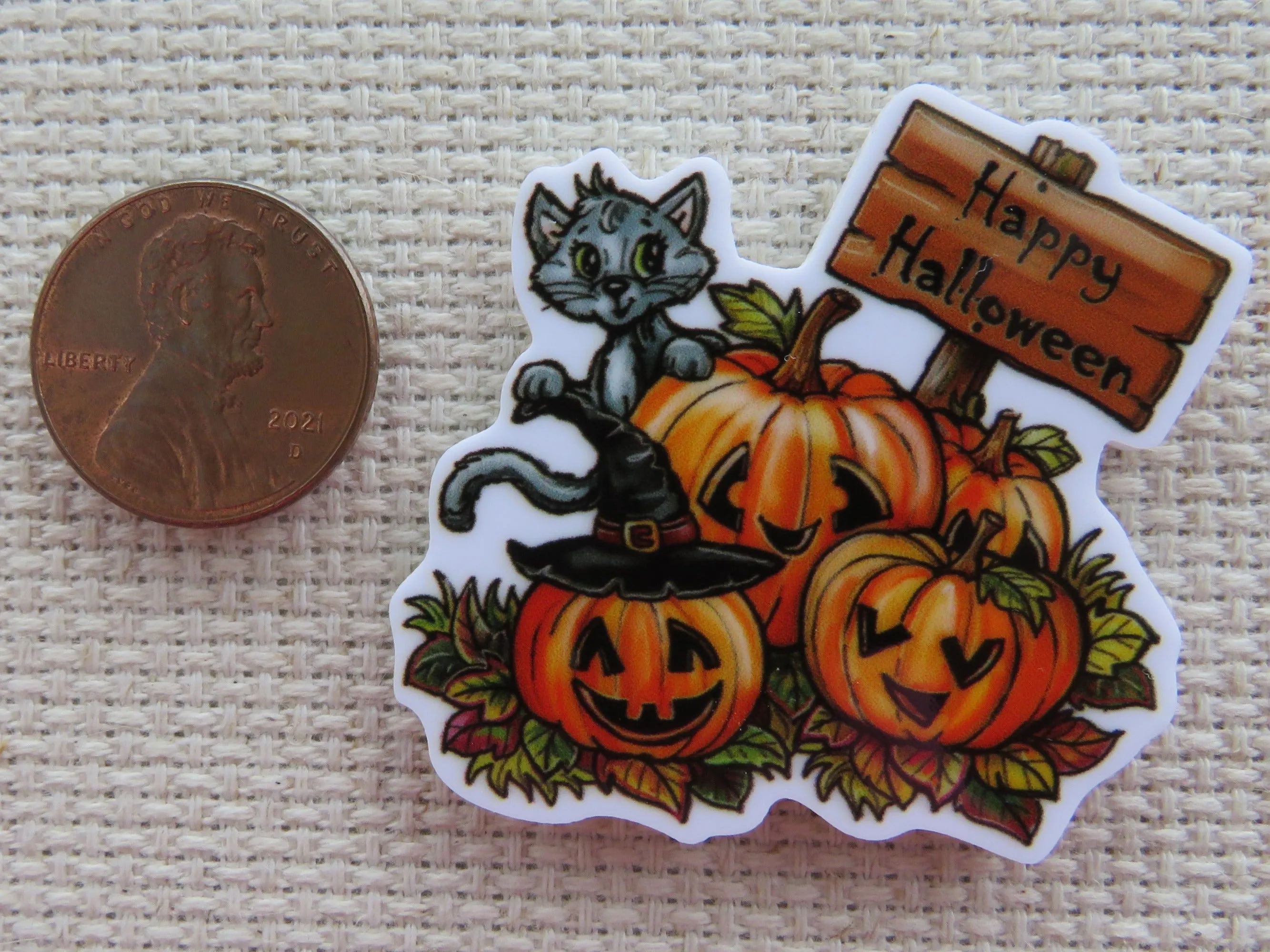Halloween Cat in a Pumpkin Patch Needle Minder, Cover Minder, Magnet
