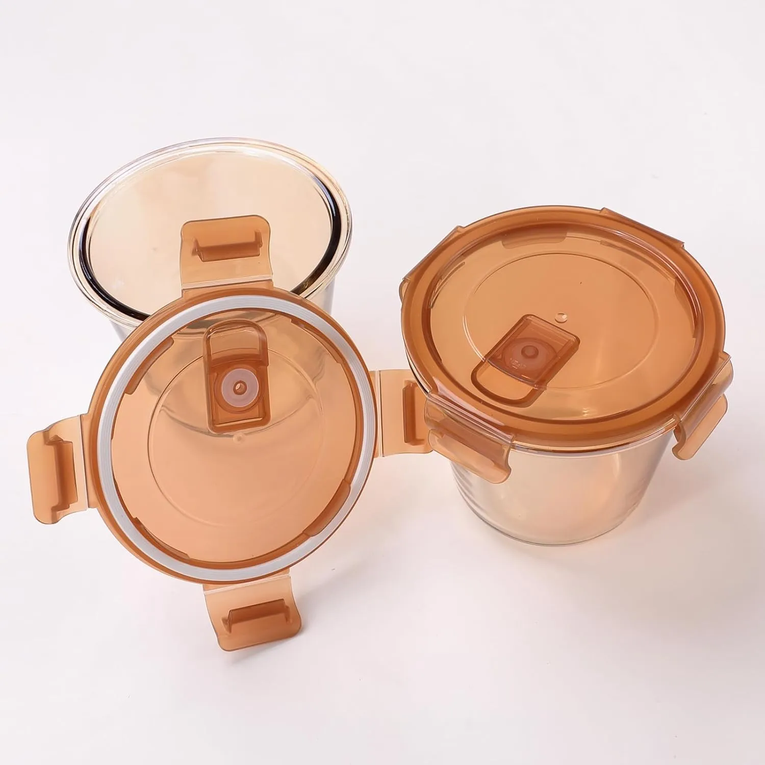 Homestic Pack of 3 Borosilicate Glass Kitchen Containers Set with Airvent Pp Lid | Airtight Round Fridge Storage Boxes for Grains, Pulses, Spices, Snacks | 610 ml Each | Light Orange
