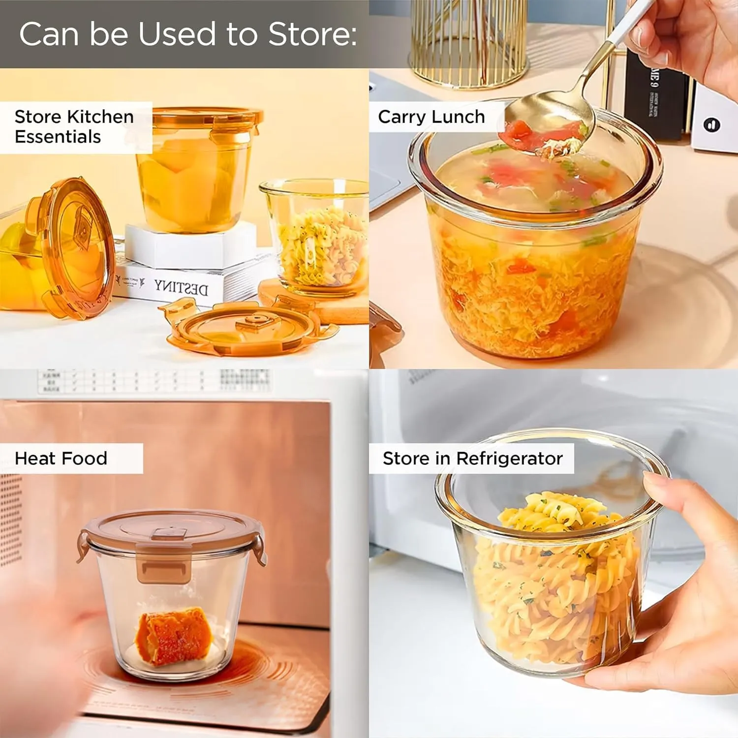 Homestic Pack of 3 Borosilicate Glass Kitchen Containers Set with Airvent Pp Lid | Airtight Round Fridge Storage Boxes for Grains, Pulses, Spices, Snacks | 610 ml Each | Light Orange