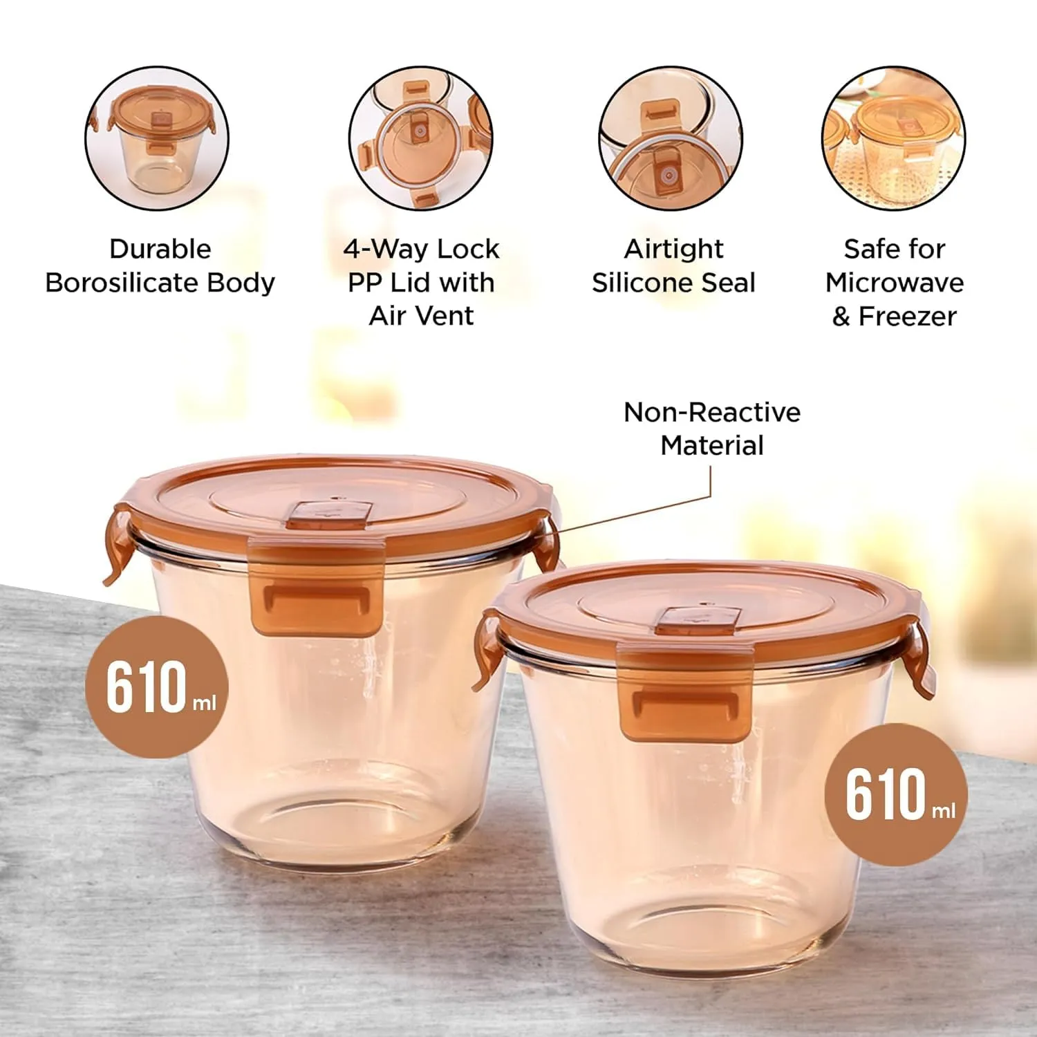 Homestic Pack of 3 Borosilicate Glass Kitchen Containers Set with Airvent Pp Lid | Airtight Round Fridge Storage Boxes for Grains, Pulses, Spices, Snacks | 610 ml Each | Light Orange