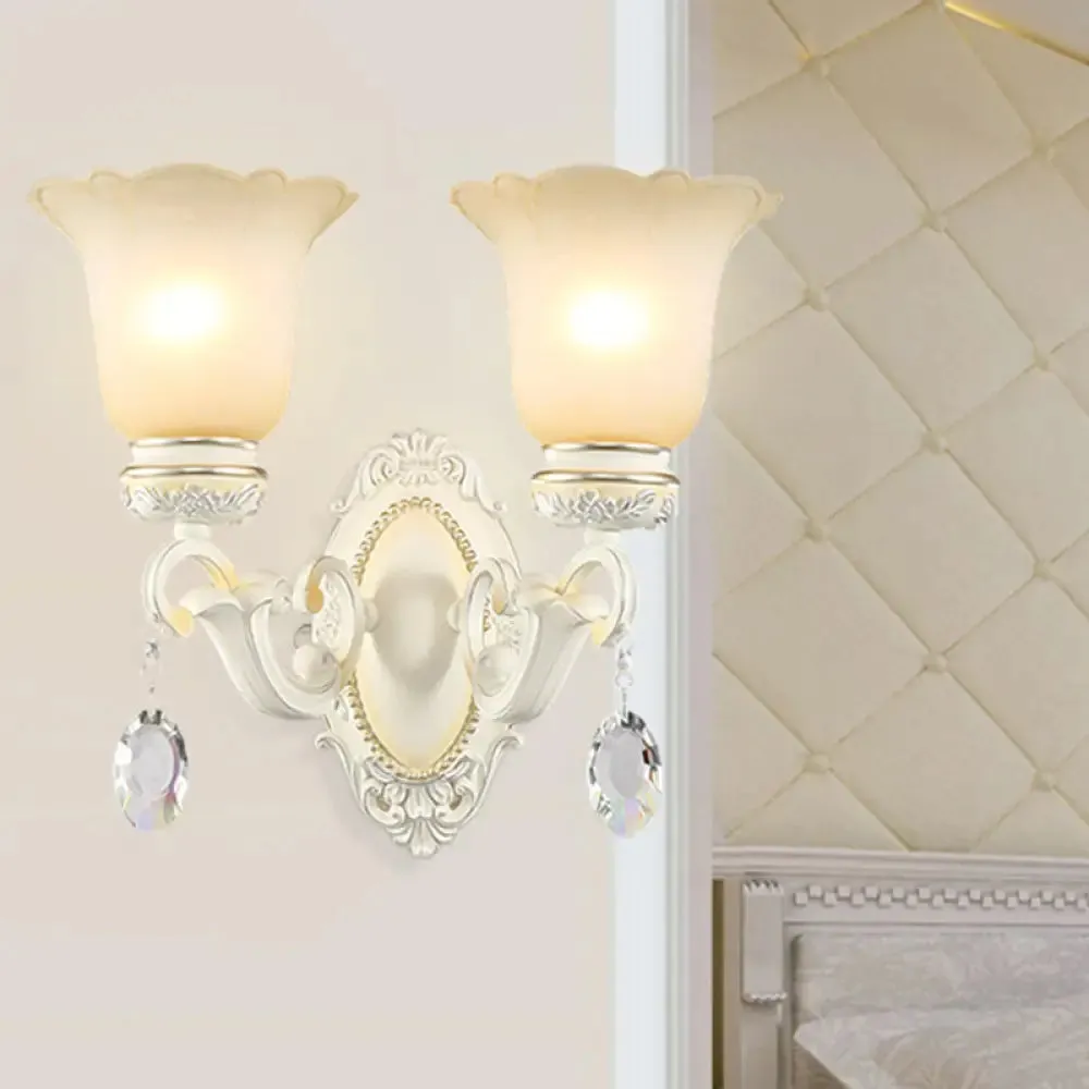 Ivory Flower Wall Sconce Light with White Glass and 1/2 Lights for Traditional Living Rooms