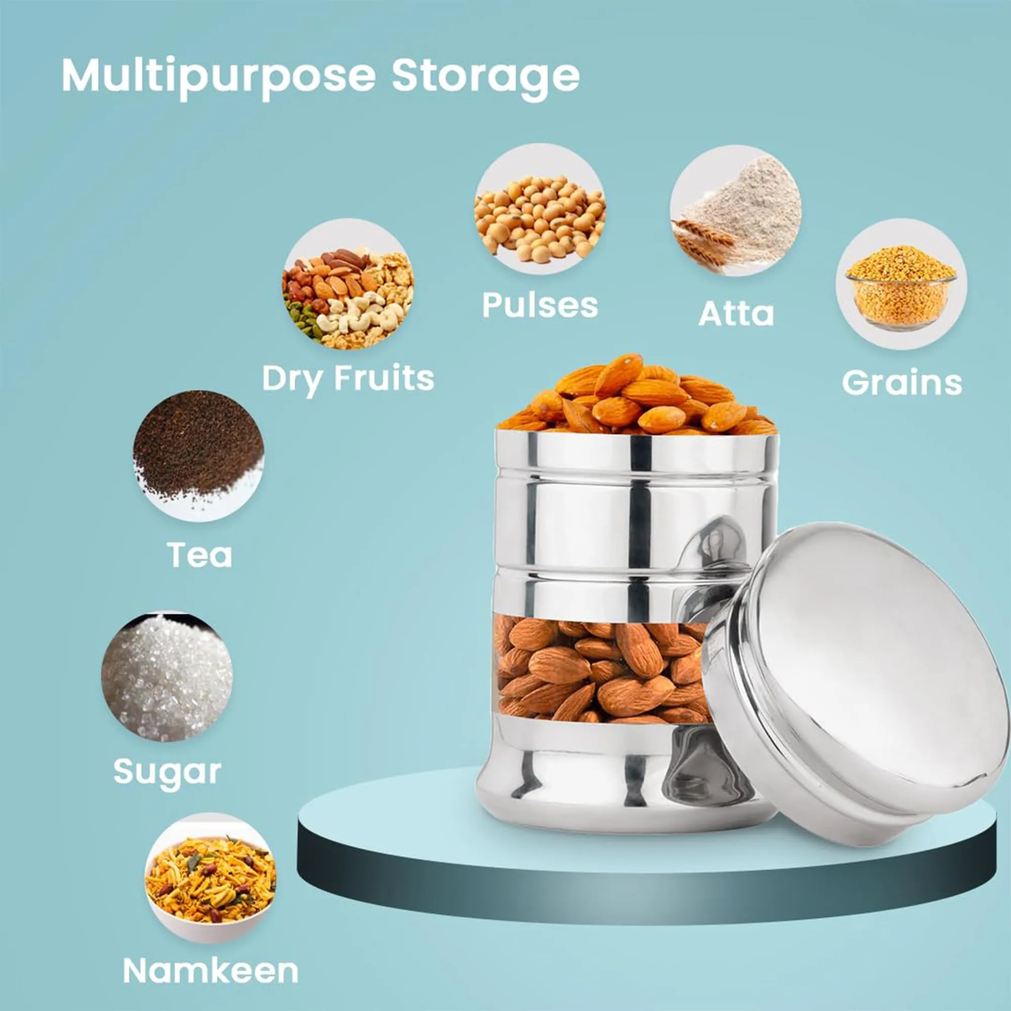 Kuber Industries BPA Free Stainless Steel Transparent See Through Window Air Tight Containers for Kitchen Storage with Lid | Dal and Pulses Organiser Set | Jar for Home | Silver