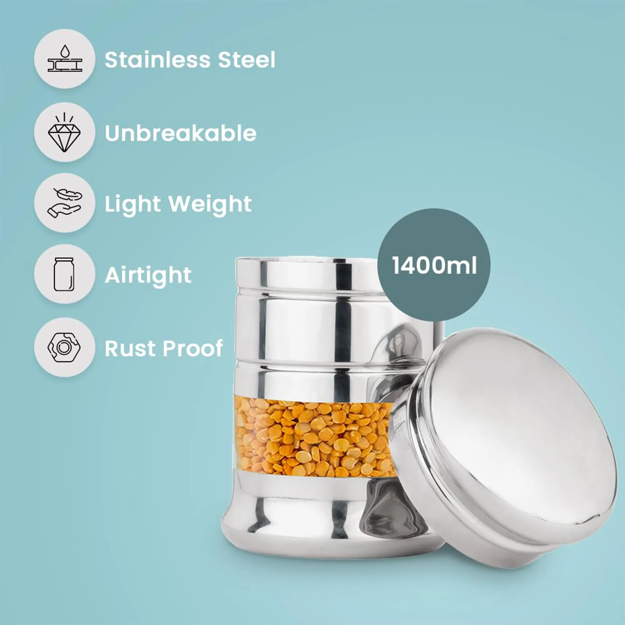Kuber Industries BPA Free Stainless Steel Transparent See Through Window Air Tight Containers for Kitchen Storage with Lid | Dal and Pulses Organiser Set | Jar for Home | Silver