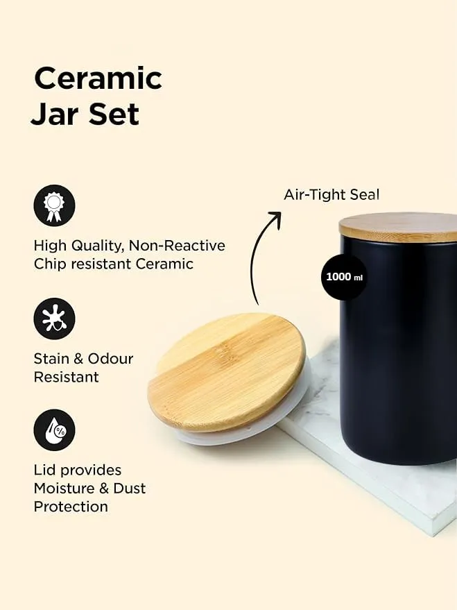Kuber Industries Ceramic Jar | Food Storage Jar | Kitchen Storage Jar | Round Jar for Home | Sugar Storage Jar | Airtight Bamboo Lid | YX07-L-BK | 1000 ML | Black