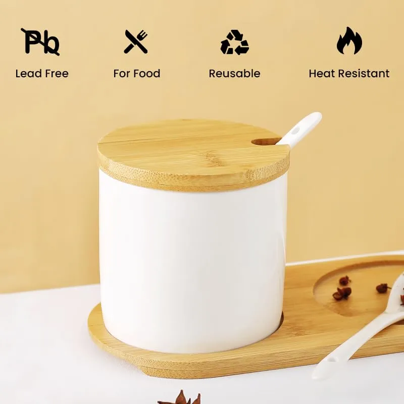 Mush Ceramic Jars Set with Bamboo Lid, Spoon and Tray|Kitchen Organizer Items and Storage | Multipurpose Condiments Container for Pickle, Sauces, Masala| 2 Pieces Kitchen Containers Set-250ml Each (2)