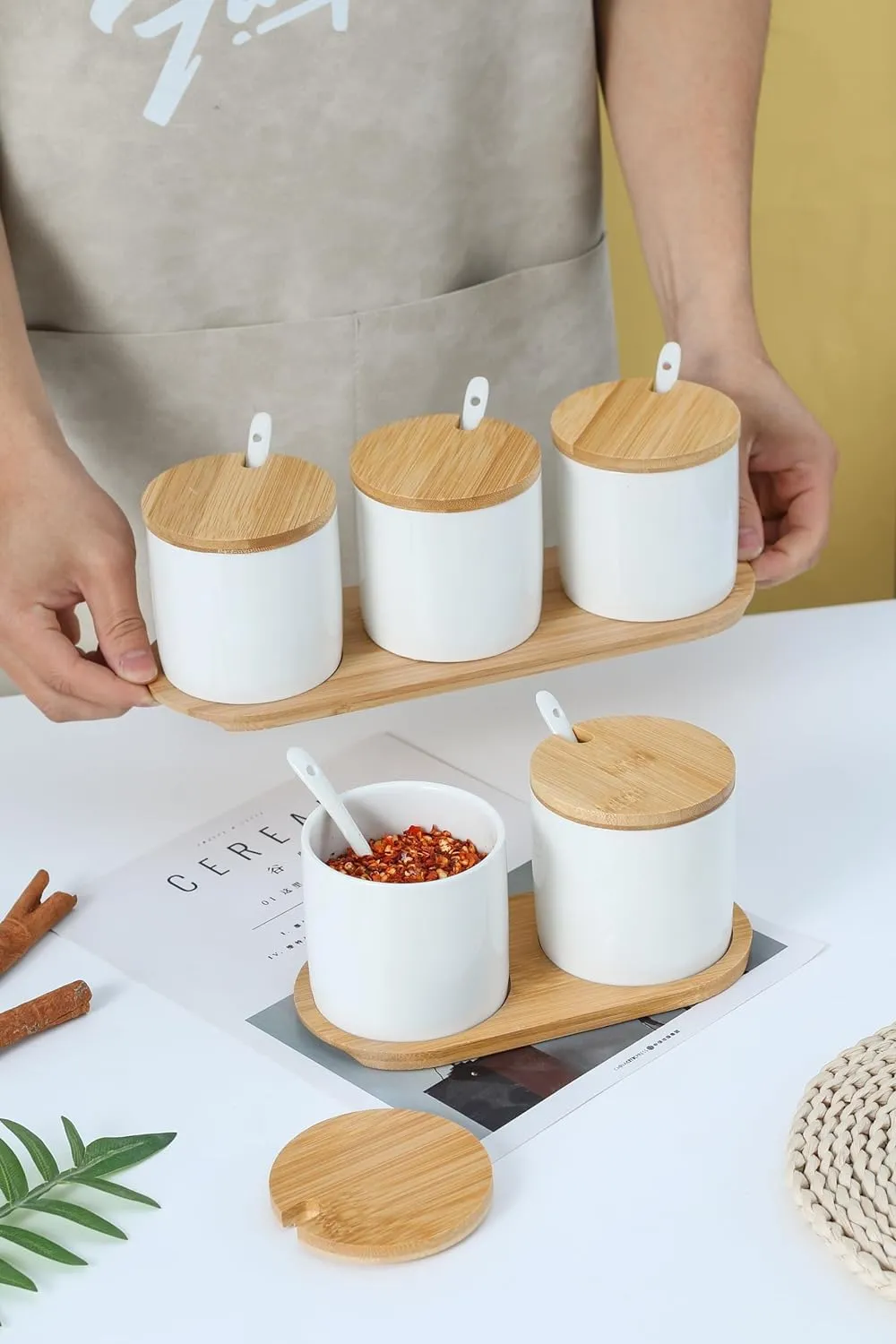 Mush Ceramic Jars Set with Bamboo Lid, Spoon and Tray|Kitchen Organizer Items and Storage | Multipurpose Condiments Container for Pickle, Sauces, Masala| 2 Pieces Kitchen Containers Set-250ml Each (2)