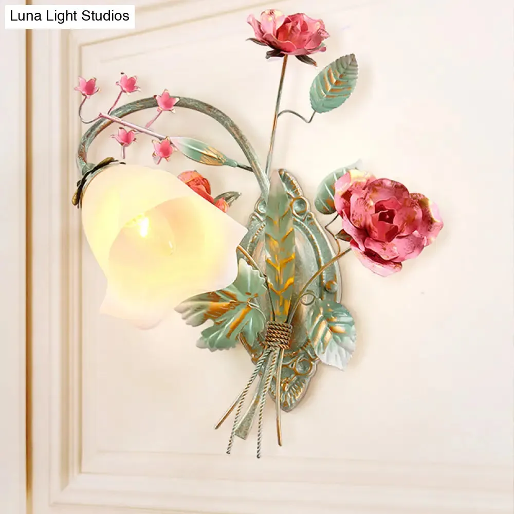 Opal Glass Wall Sconce Countryside Blue Bedroom Light, Left/Right Mounting
