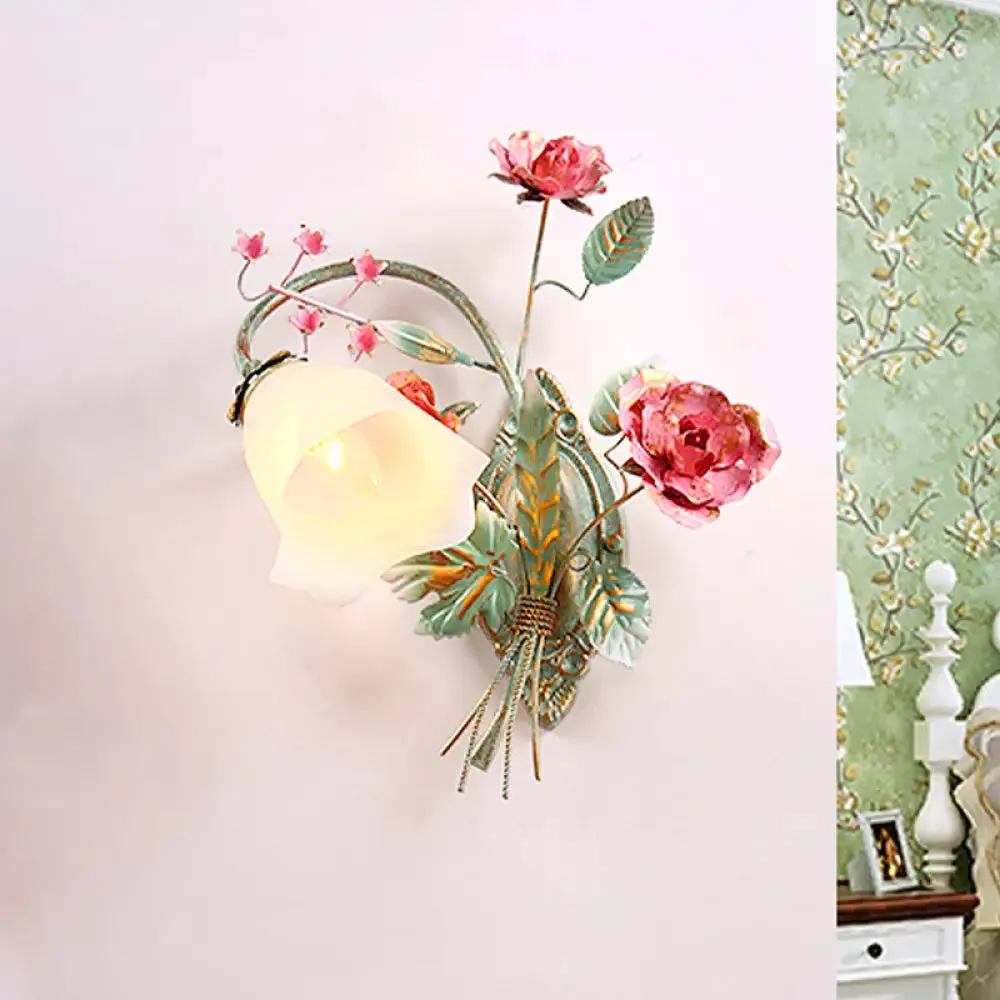 Opal Glass Wall Sconce Countryside Blue Bedroom Light, Left/Right Mounting