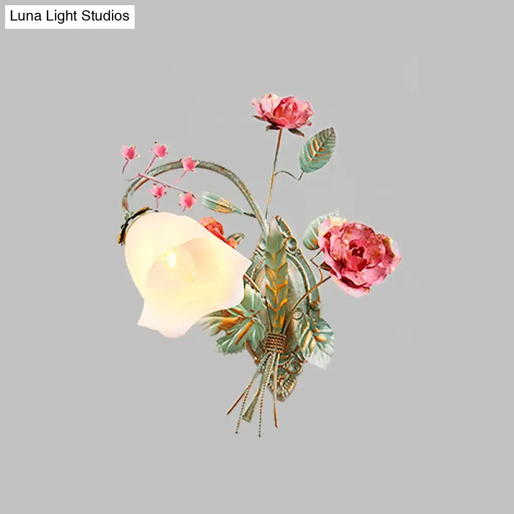 Opal Glass Wall Sconce Countryside Blue Bedroom Light, Left/Right Mounting