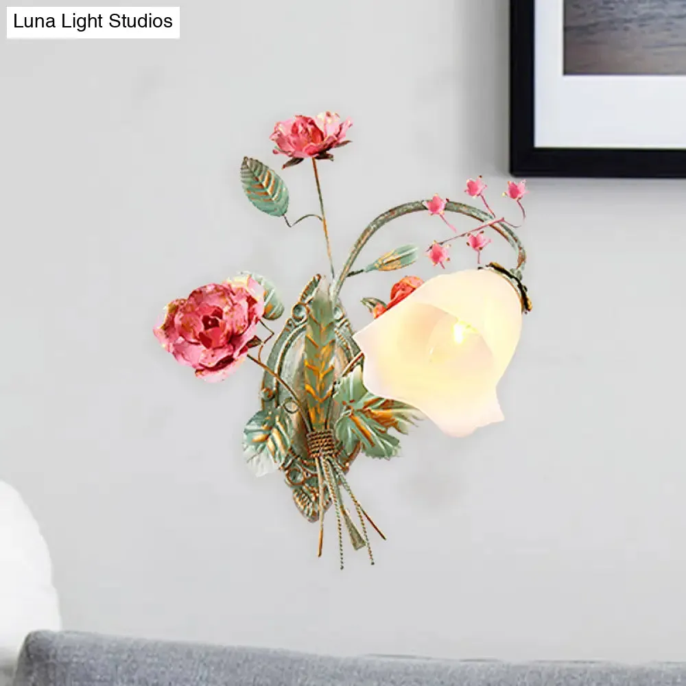 Opal Glass Wall Sconce Countryside Blue Bedroom Light, Left/Right Mounting