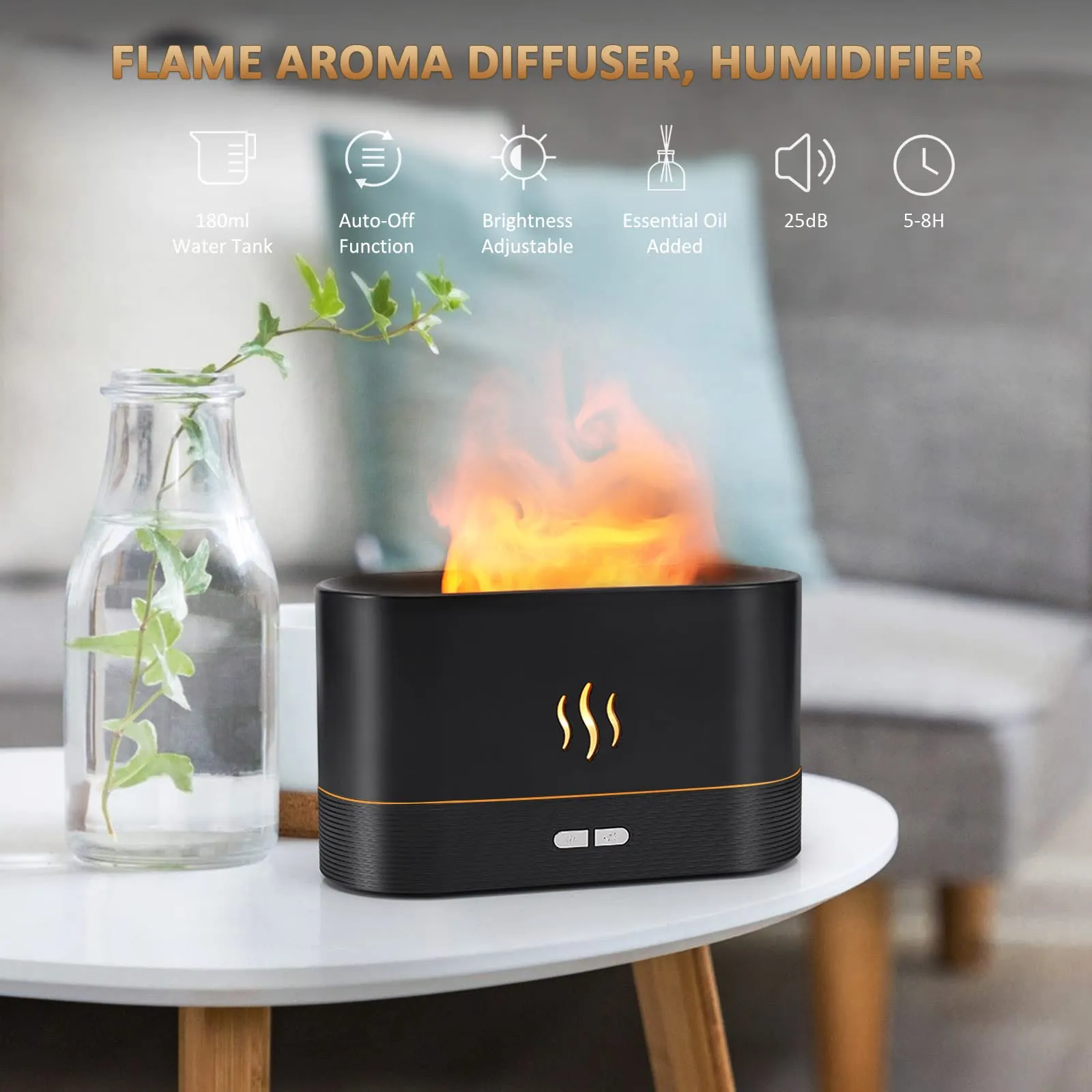 PLUWEL Plastic Flame Diffuser Humidifier-Auto Off 180Ml Essential Oil Diffuser-2 Modes Brightness Aroma Humidifier With Fire Flame Effect For Home,Office,Spa,Gym(Black)