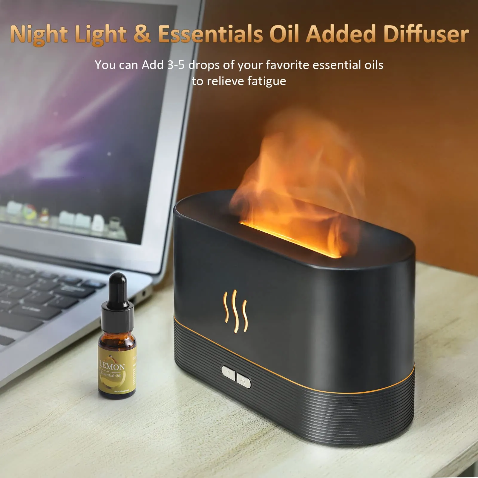 PLUWEL Plastic Flame Diffuser Humidifier-Auto Off 180Ml Essential Oil Diffuser-2 Modes Brightness Aroma Humidifier With Fire Flame Effect For Home,Office,Spa,Gym(Black)