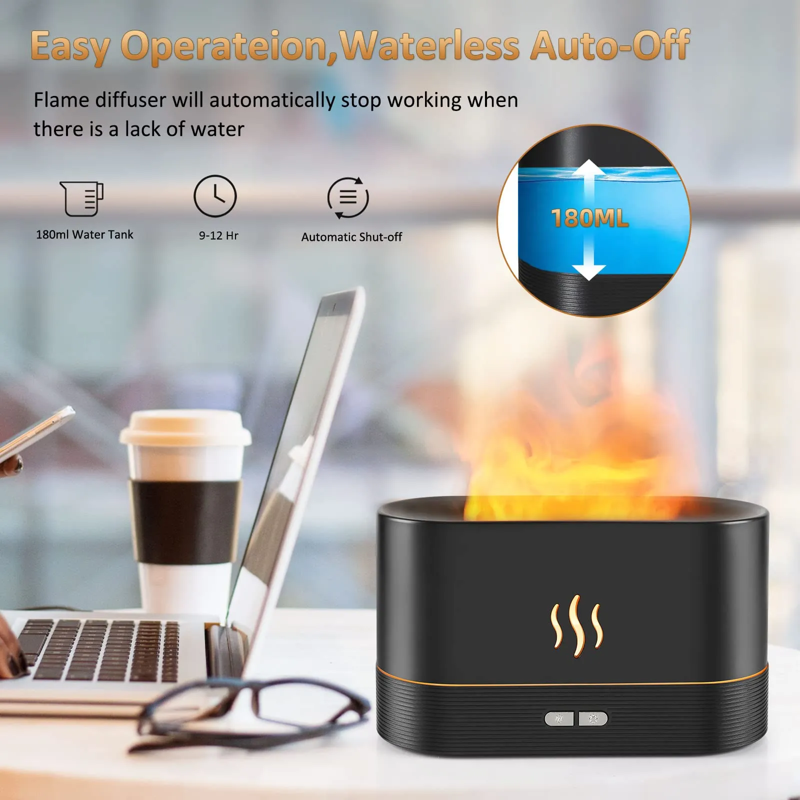PLUWEL Plastic Flame Diffuser Humidifier-Auto Off 180Ml Essential Oil Diffuser-2 Modes Brightness Aroma Humidifier With Fire Flame Effect For Home,Office,Spa,Gym(Black)
