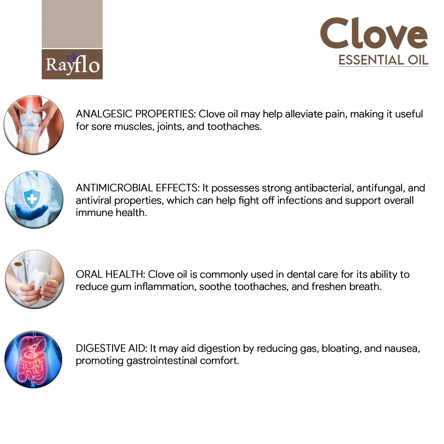 Rayflo Clove Essential Oil 15 ml for Teeth & Gum Care, Skin Care, Hair Care and Diffuser - Undiluted, Pure & Natural with Glass Dropper. (15 ml (pack of 1)