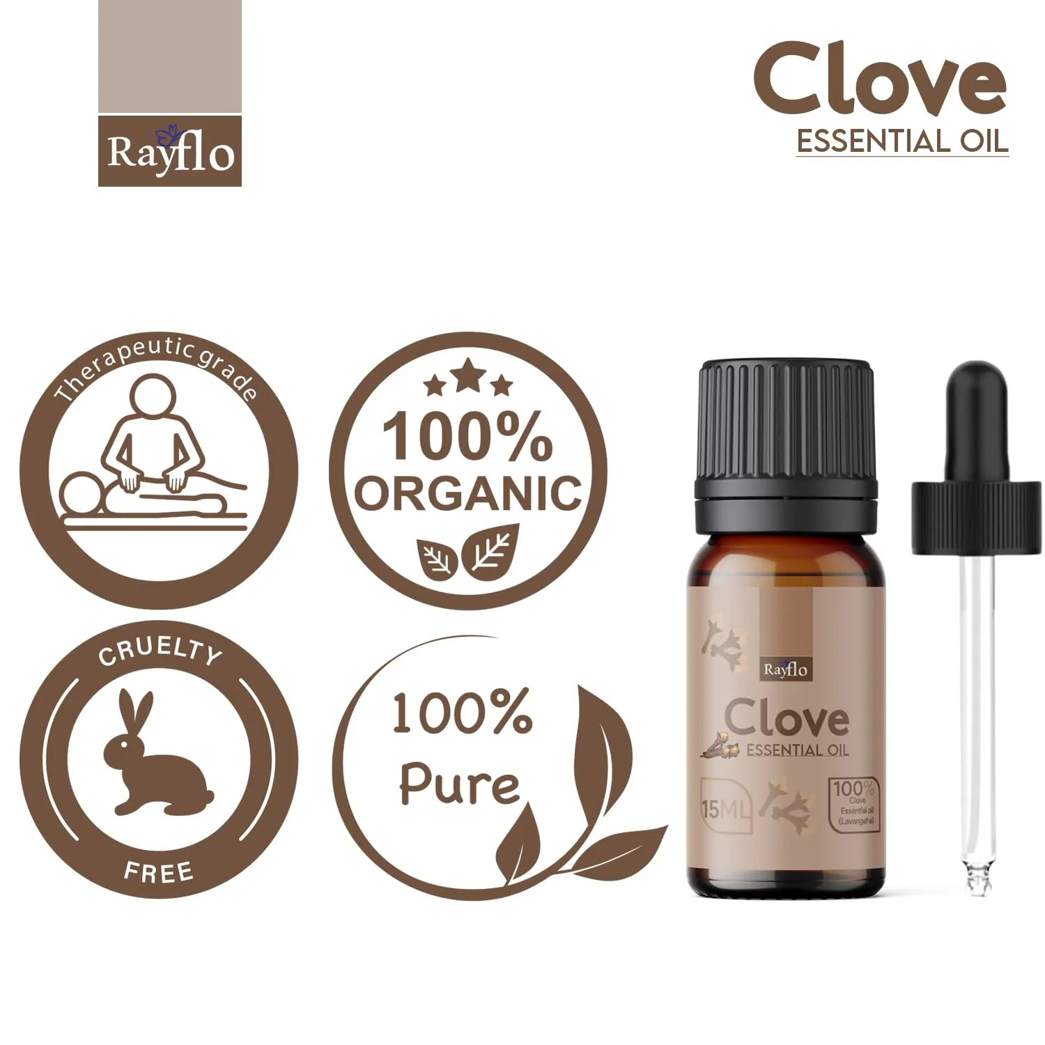 Rayflo Clove Essential Oil 15 ml for Teeth & Gum Care, Skin Care, Hair Care and Diffuser - Undiluted, Pure & Natural with Glass Dropper. (15 ml (pack of 1)